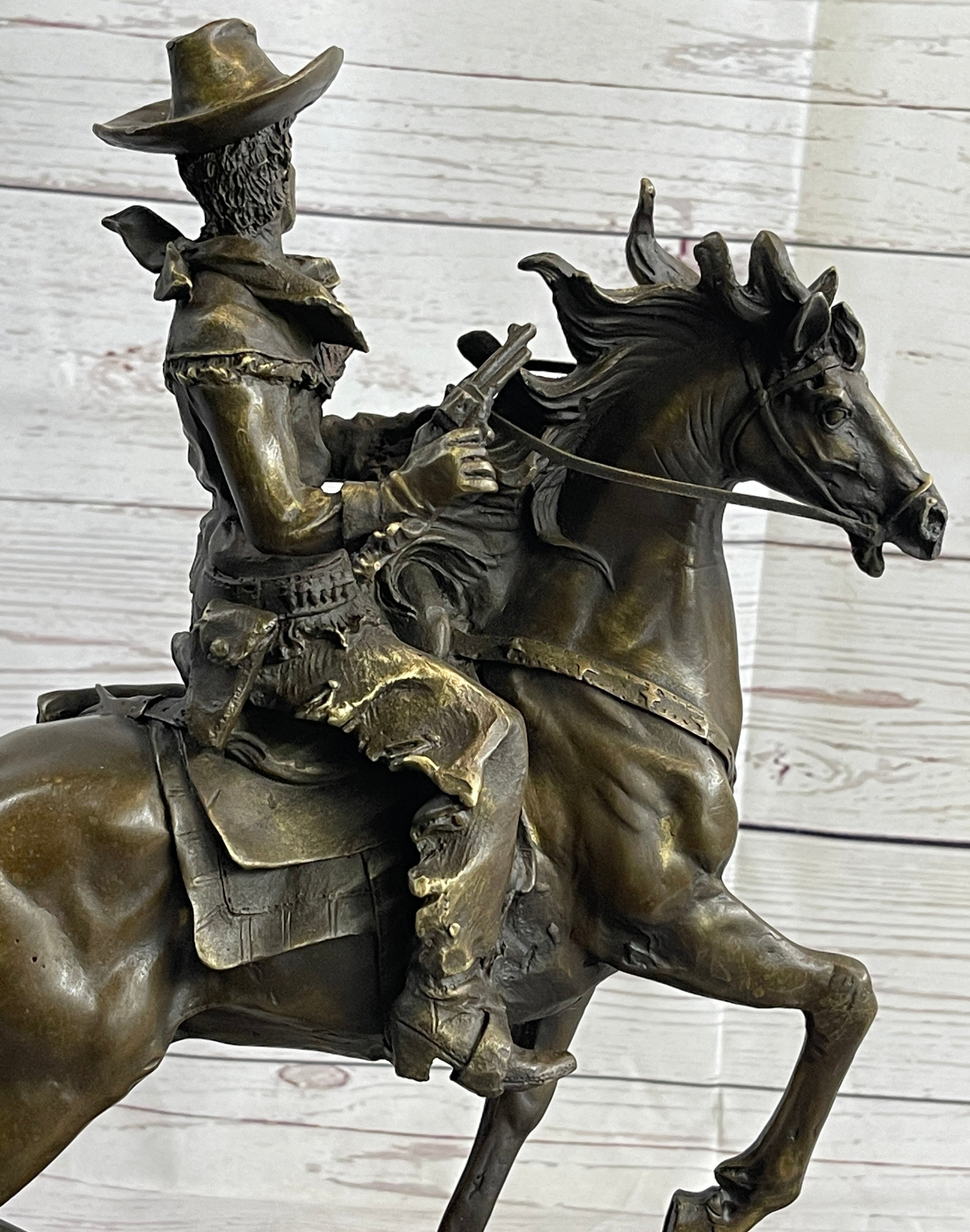 Miniature Bronze Cowboy on Horseback Statue Sculpture Figure Marble Base 14" x 7"