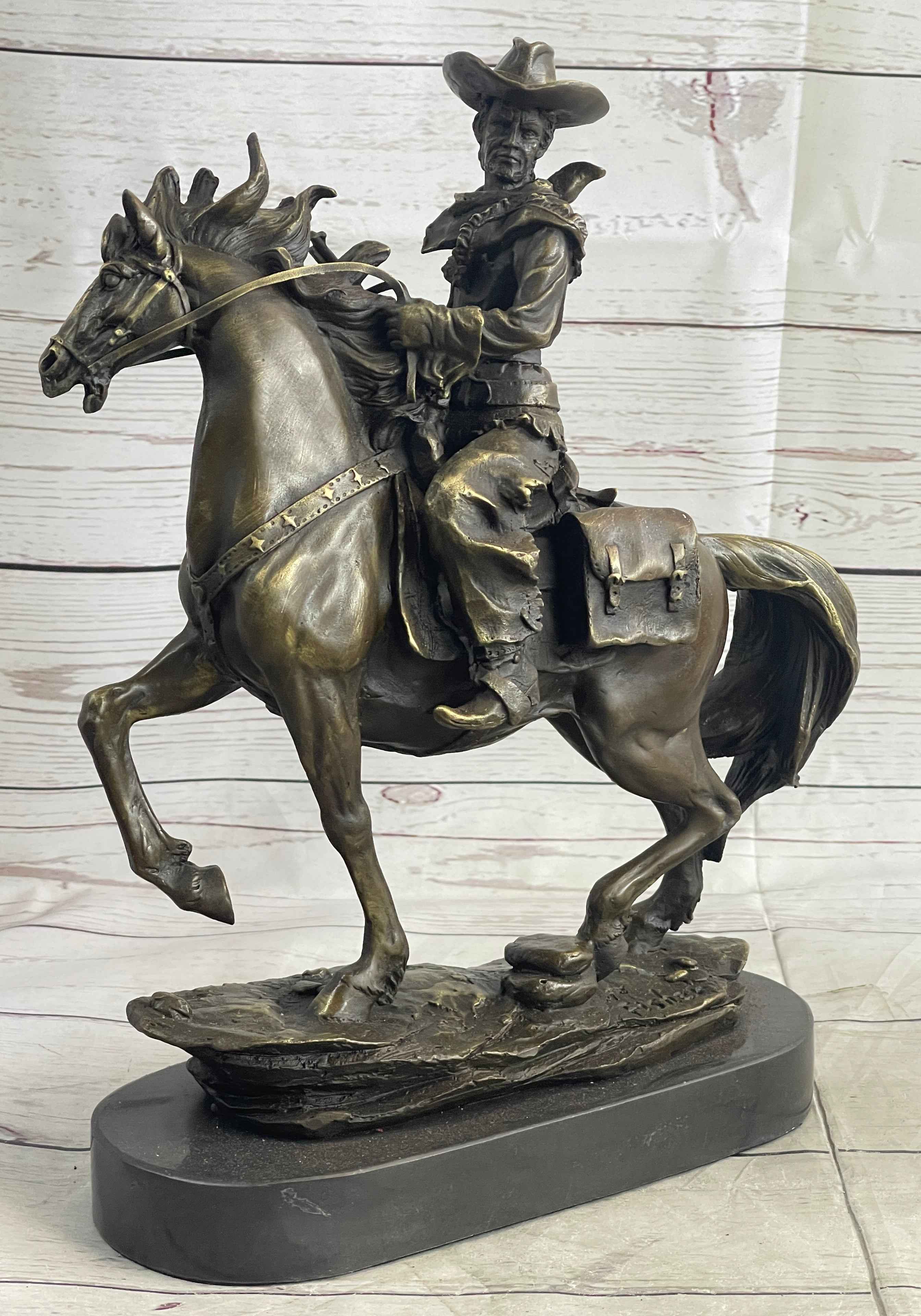 Miniature Bronze Cowboy on Horseback Statue Sculpture Figure Marble Base 14" x 7"