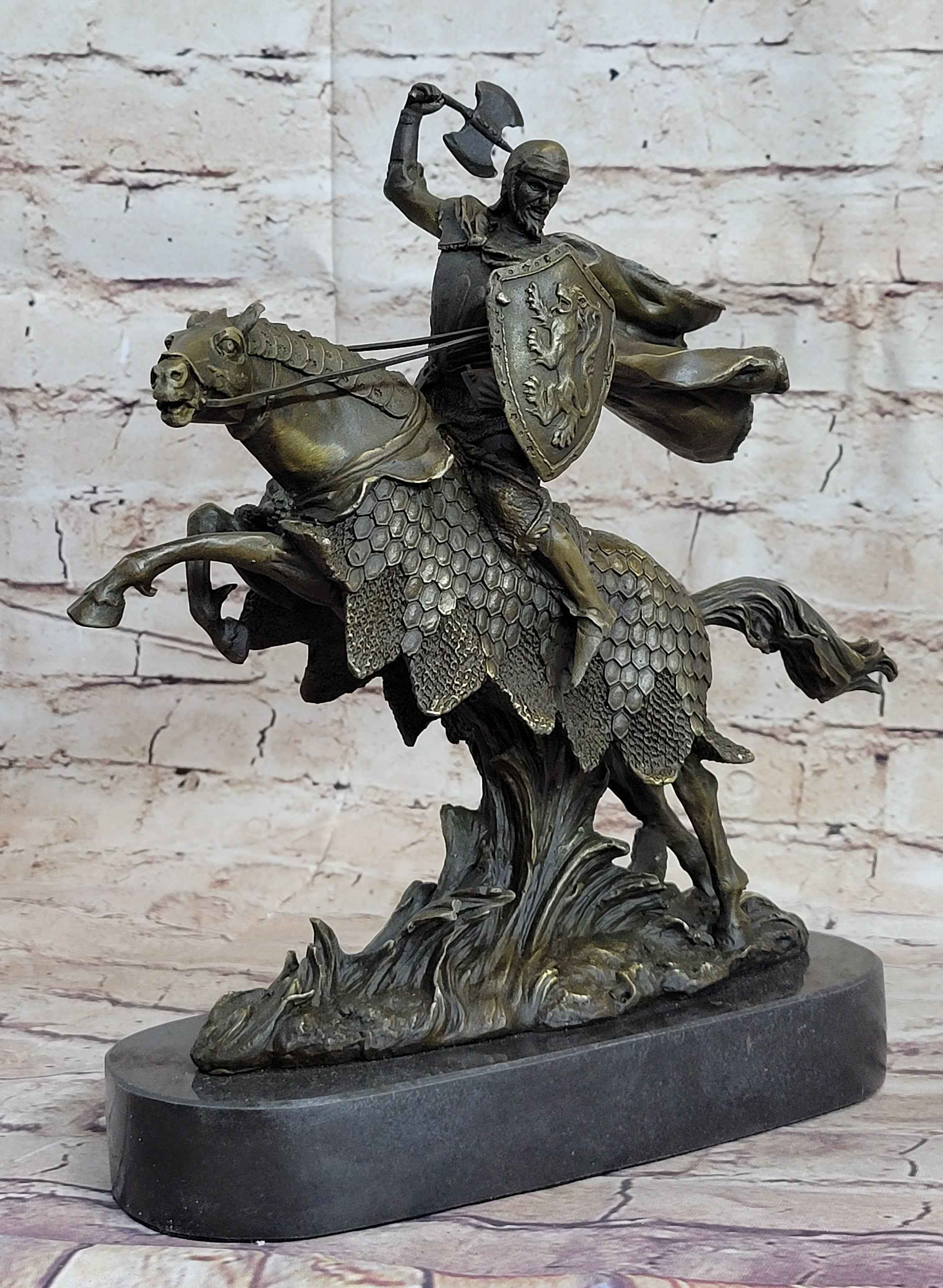 European Knight on Horseback Armored Horse Bronze Sculpture Statue Figure by Kamiko