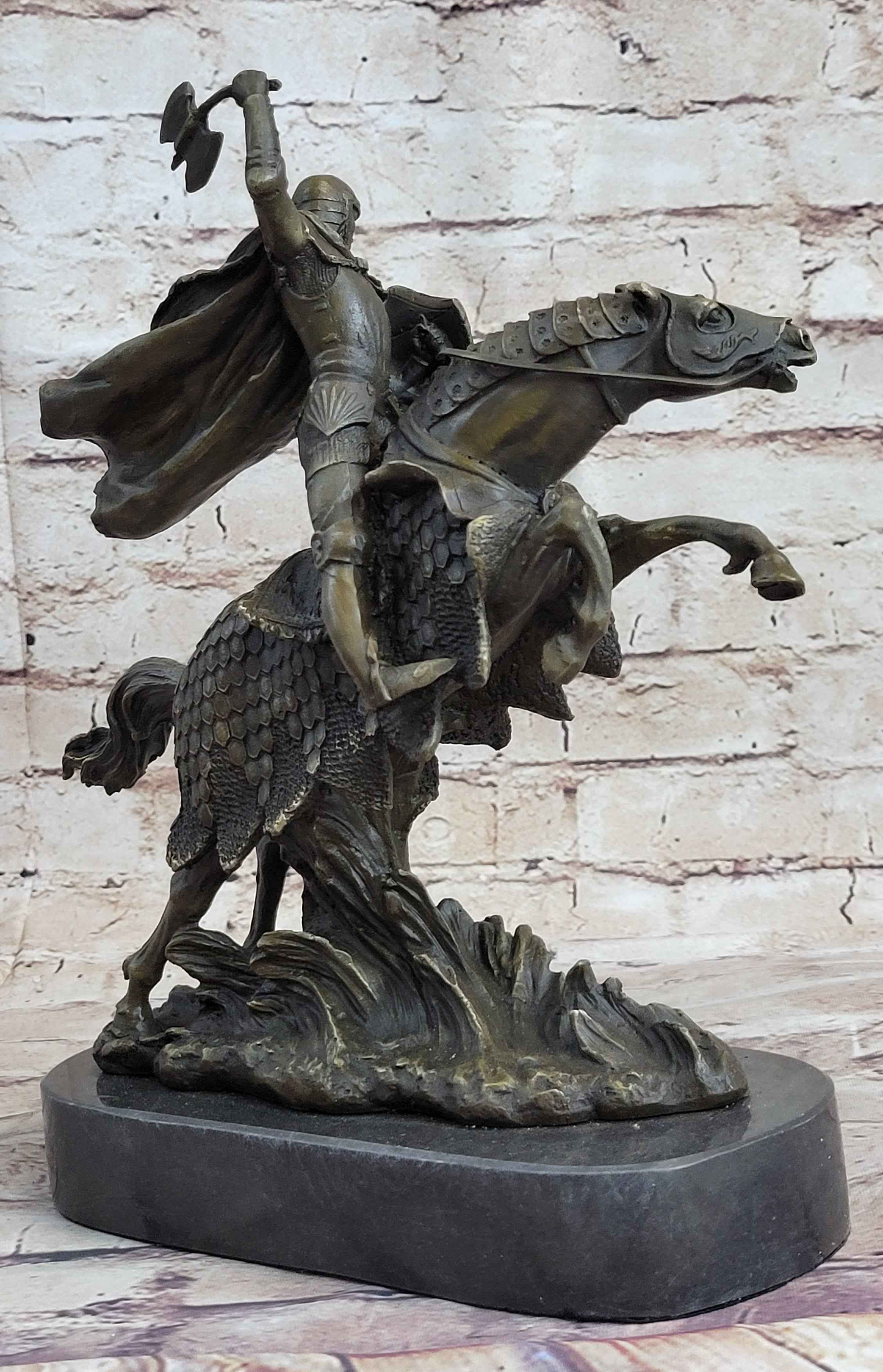 European Knight on Horseback Armored Horse Bronze Sculpture Statue Figure by Kamiko