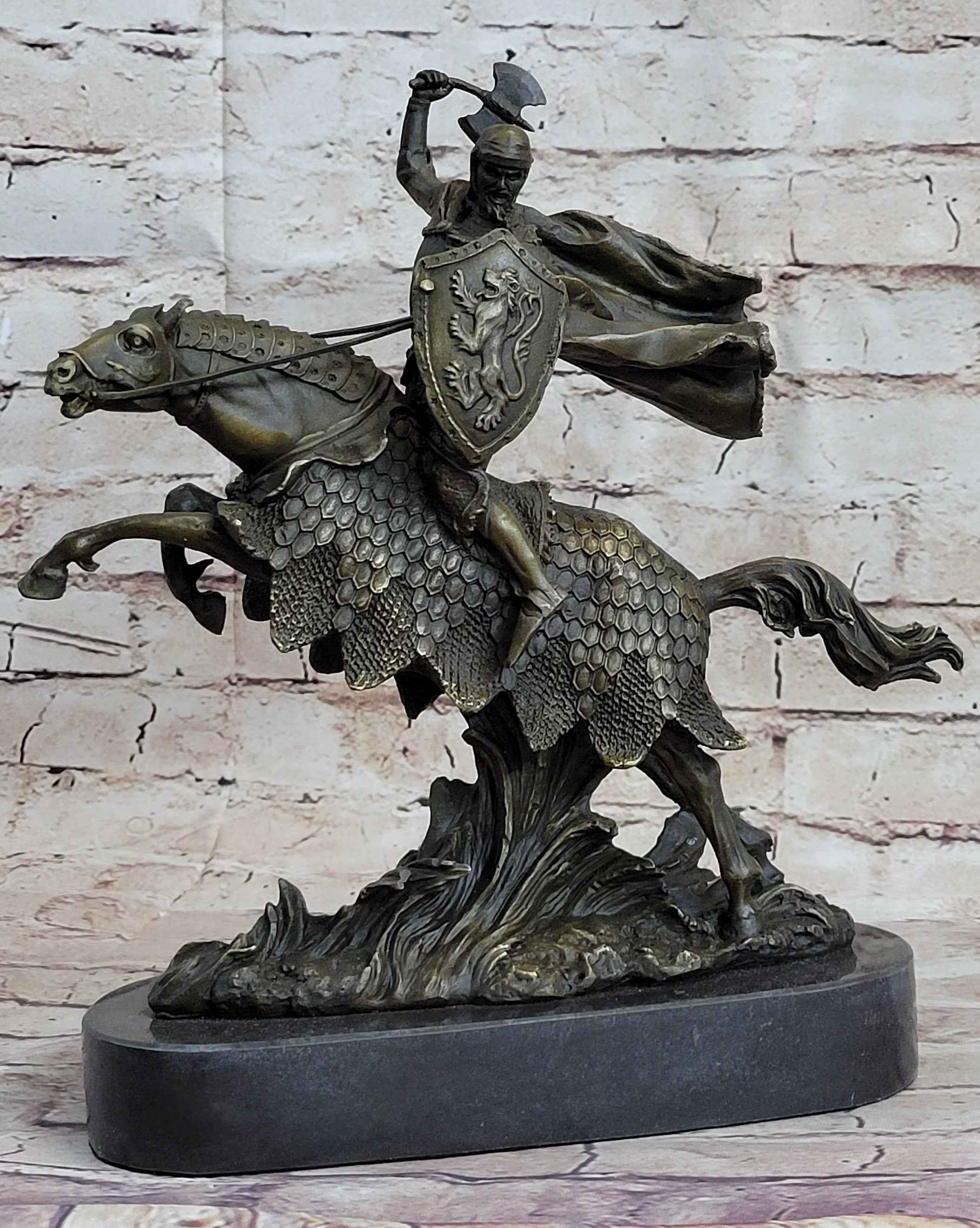 European Knight on Horseback Armored Horse Bronze Sculpture Statue Figure by Kamiko