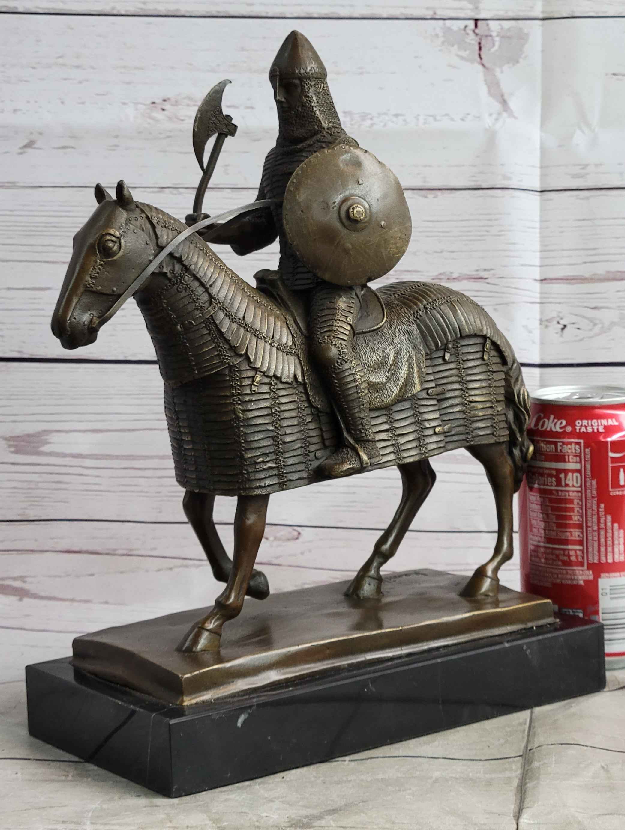Medieval European Warrior Knight on Horseback Bronze Sculpture Statue on Marble Base
