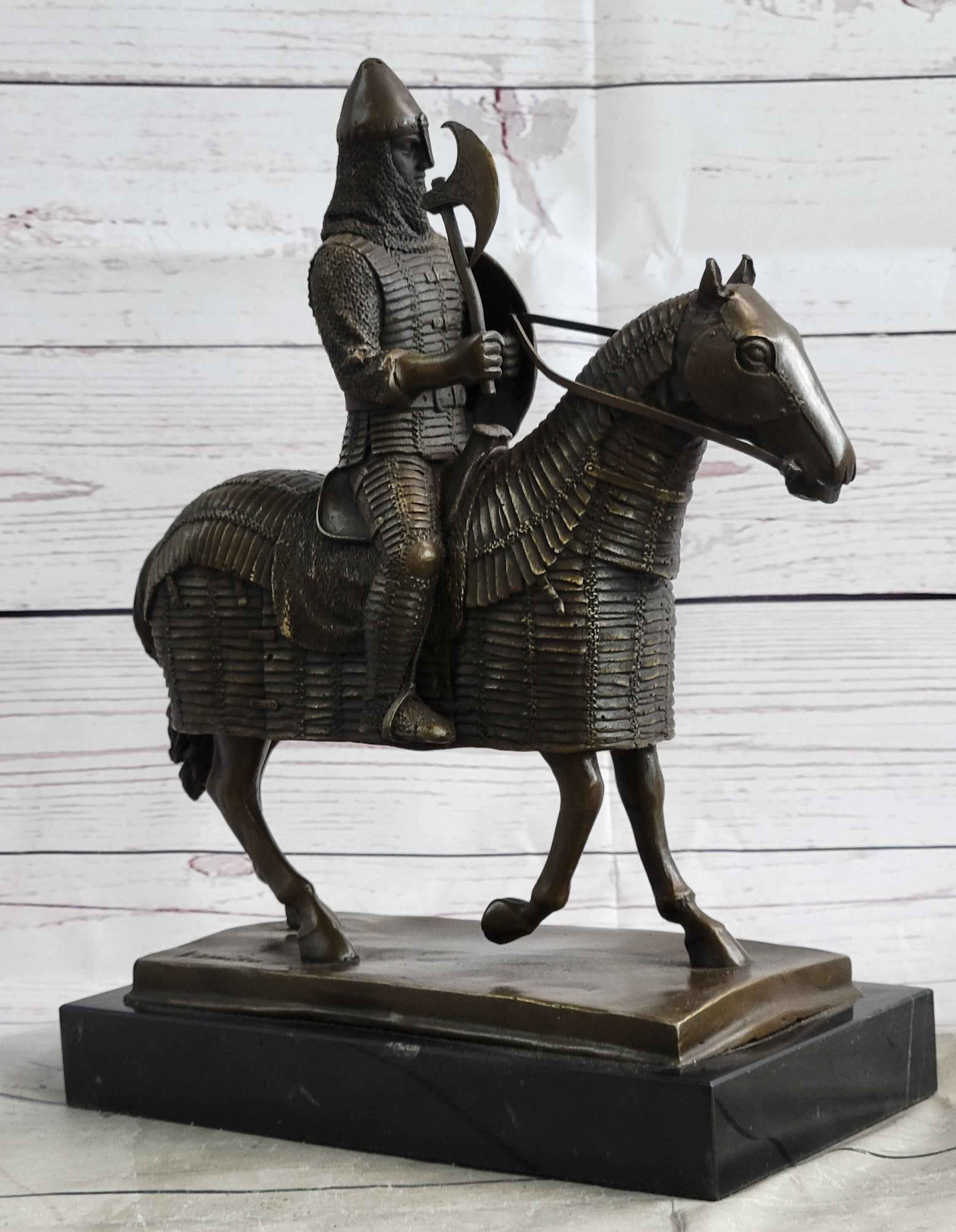 Medieval European Warrior Knight on Horseback Bronze Sculpture Statue on Marble Base