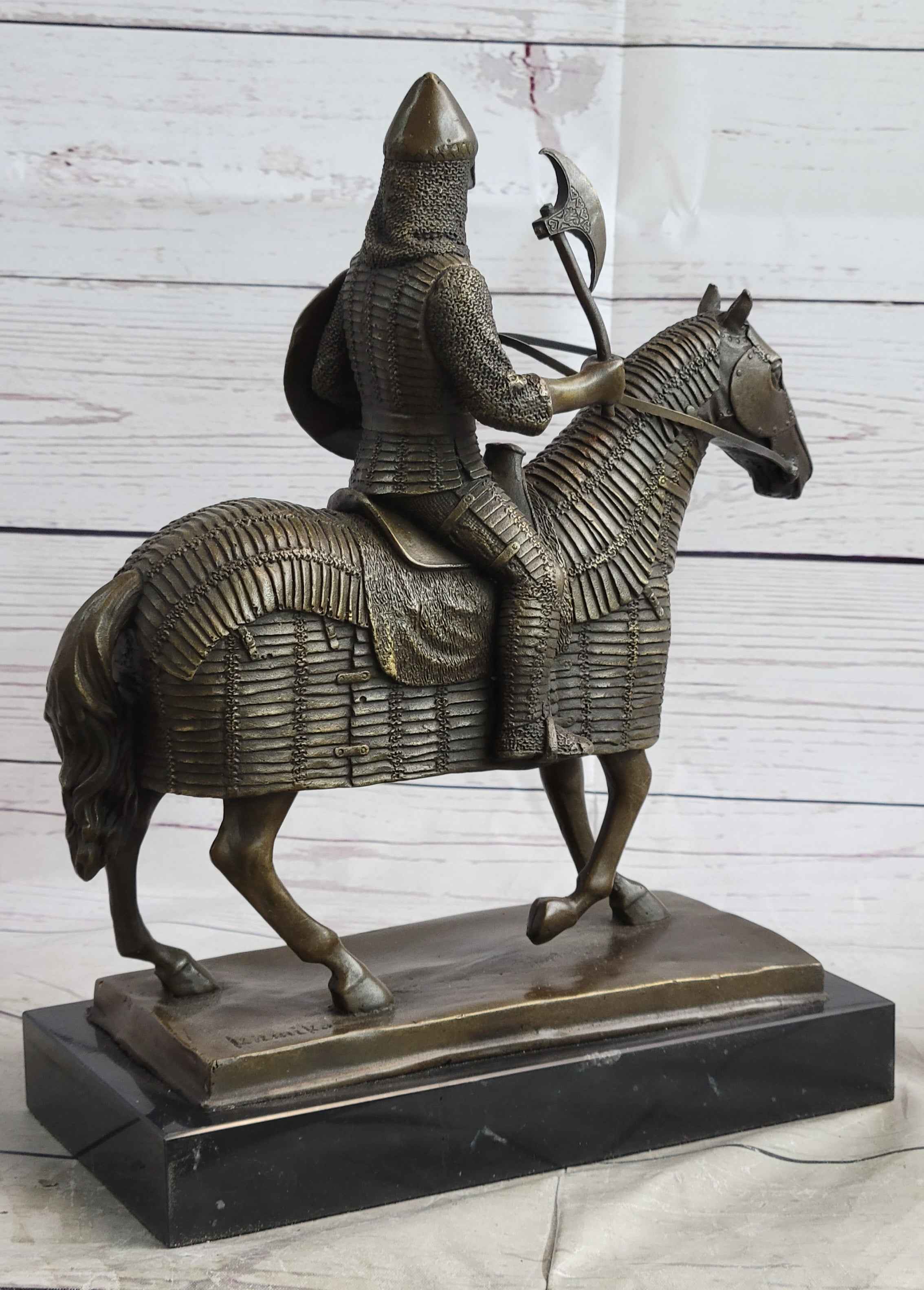Medieval European Warrior Knight on Horseback Bronze Sculpture Statue on Marble Base