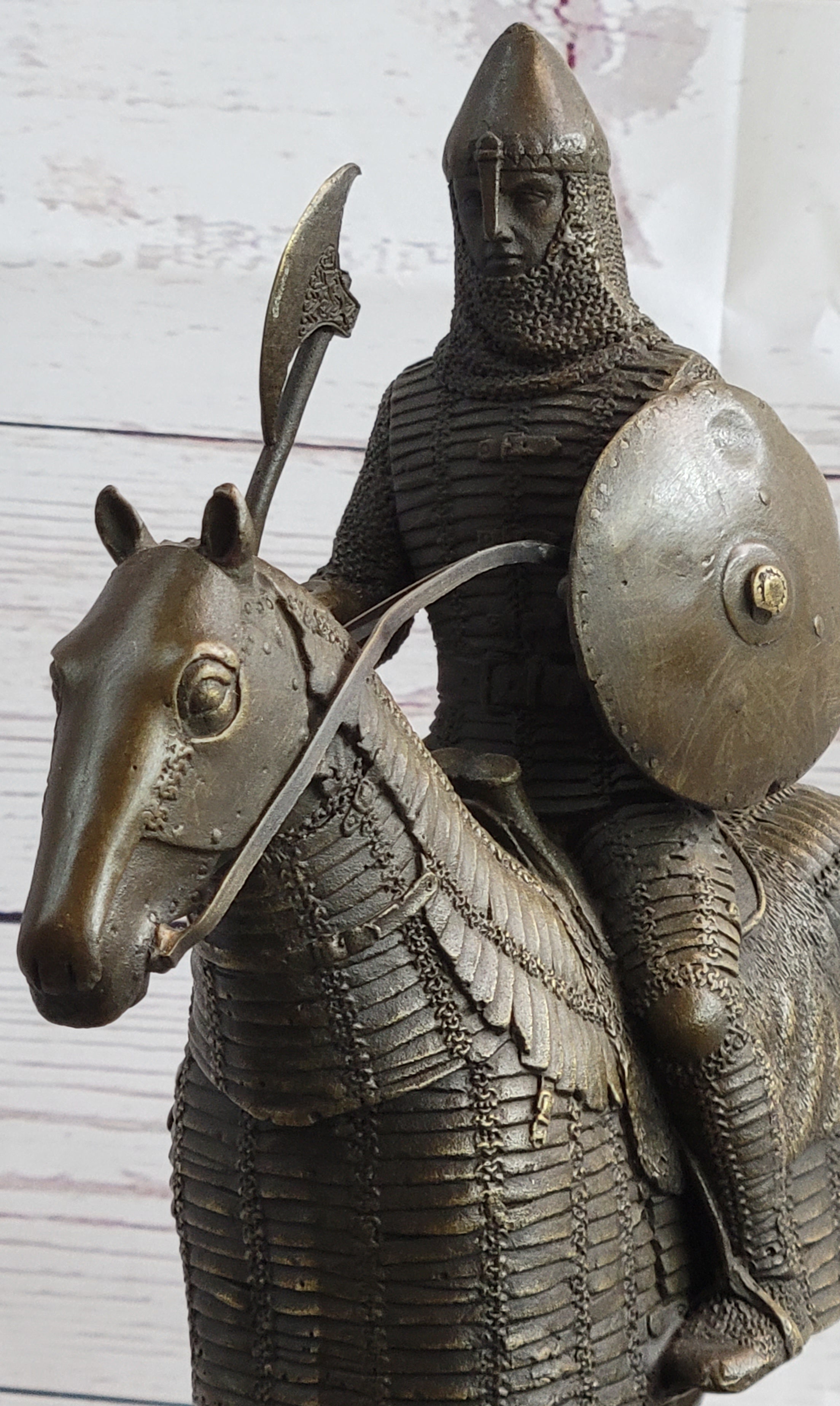 Medieval European Warrior Knight on Horseback Bronze Sculpture Statue on Marble Base