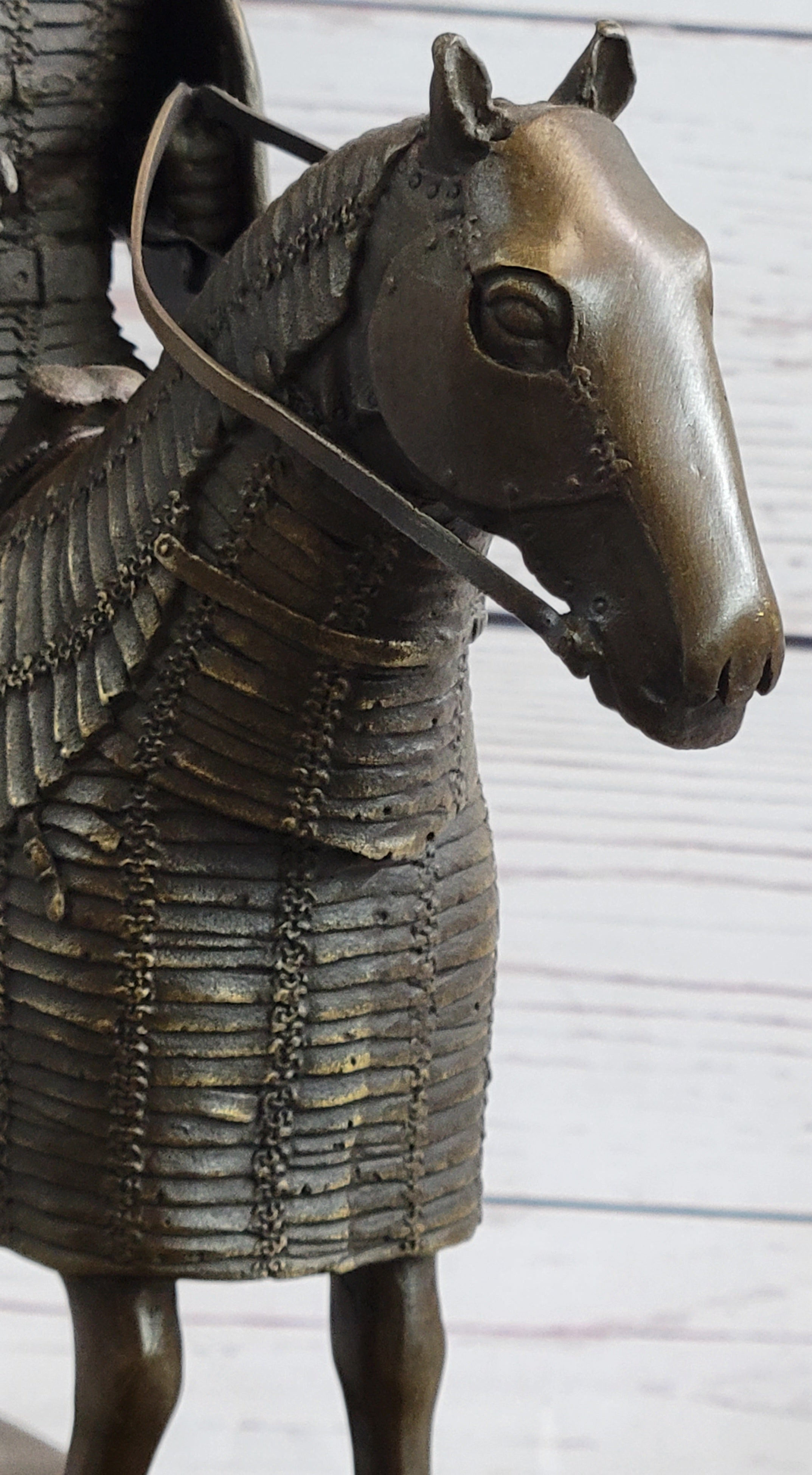 Medieval European Warrior Knight on Horseback Bronze Sculpture Statue on Marble Base