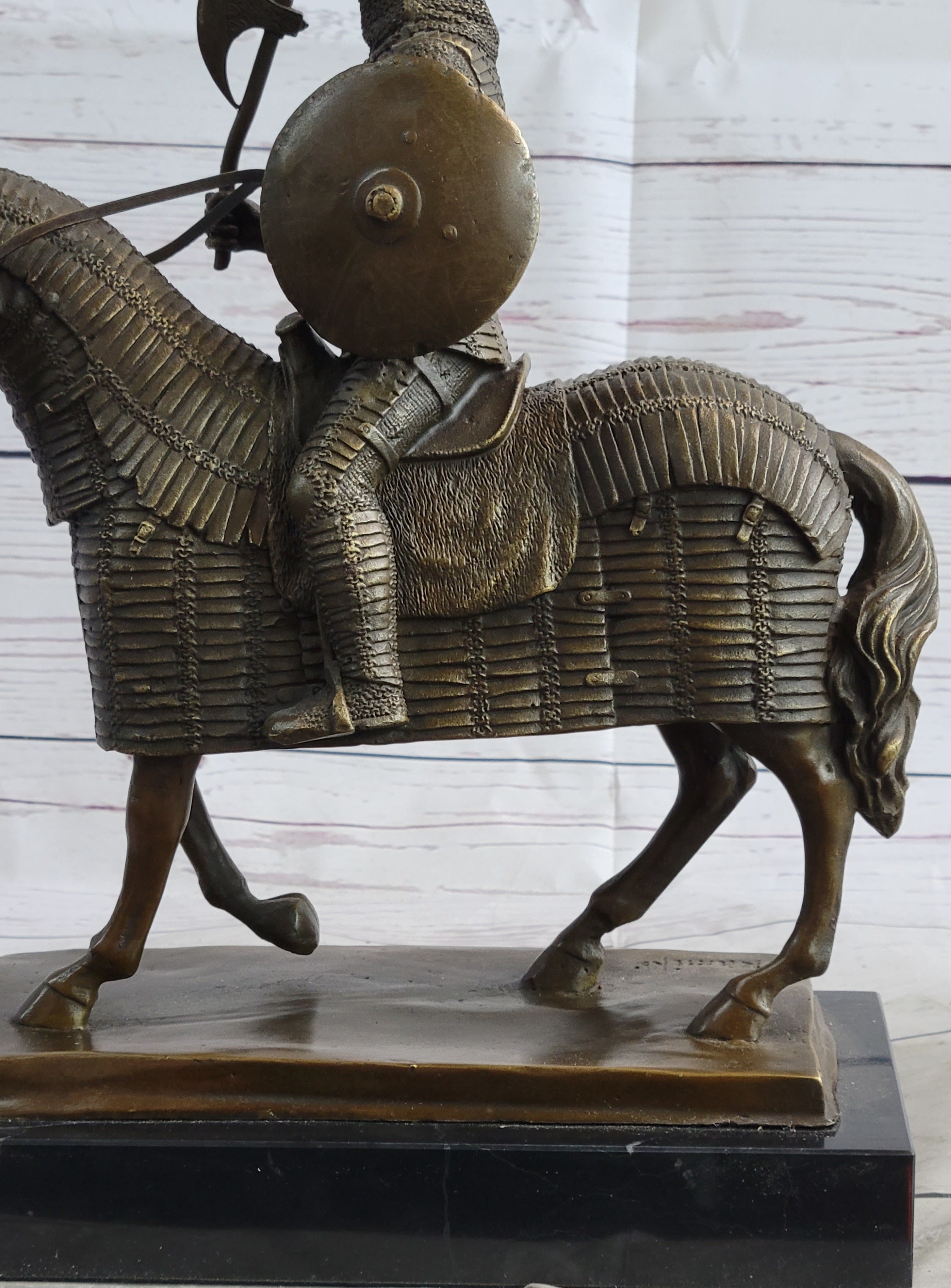 Medieval European Warrior Knight on Horseback Bronze Sculpture Statue on Marble Base