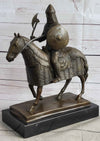 Medieval European Warrior Knight on Horseback Bronze Sculpture Statue on Marble Base