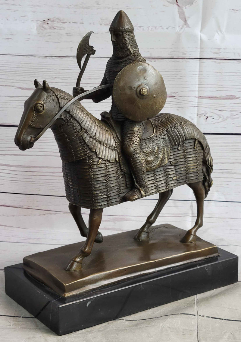 Medieval European Warrior Knight on Horseback Bronze Sculpture Statue on Marble Base