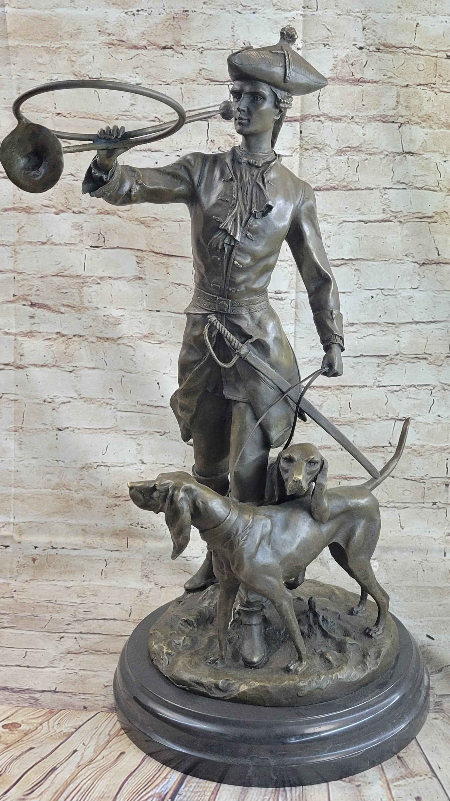 Military Bugler With Hound Dogs Bronze Statue Sculpture on Marble Base 26" x 19"