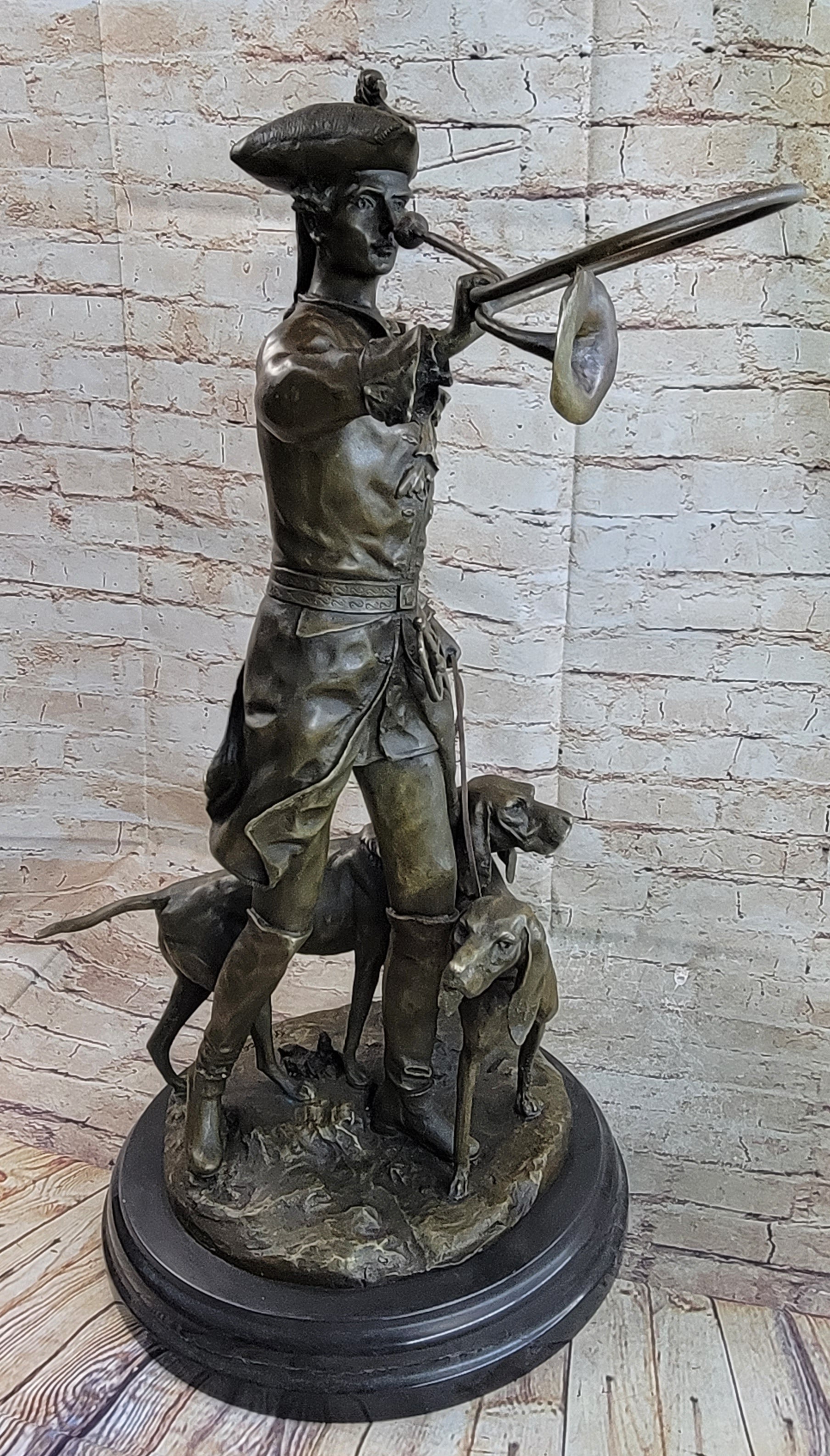 Military Bugler With Hound Dogs Bronze Statue Sculpture on Marble Base 26" x 19"