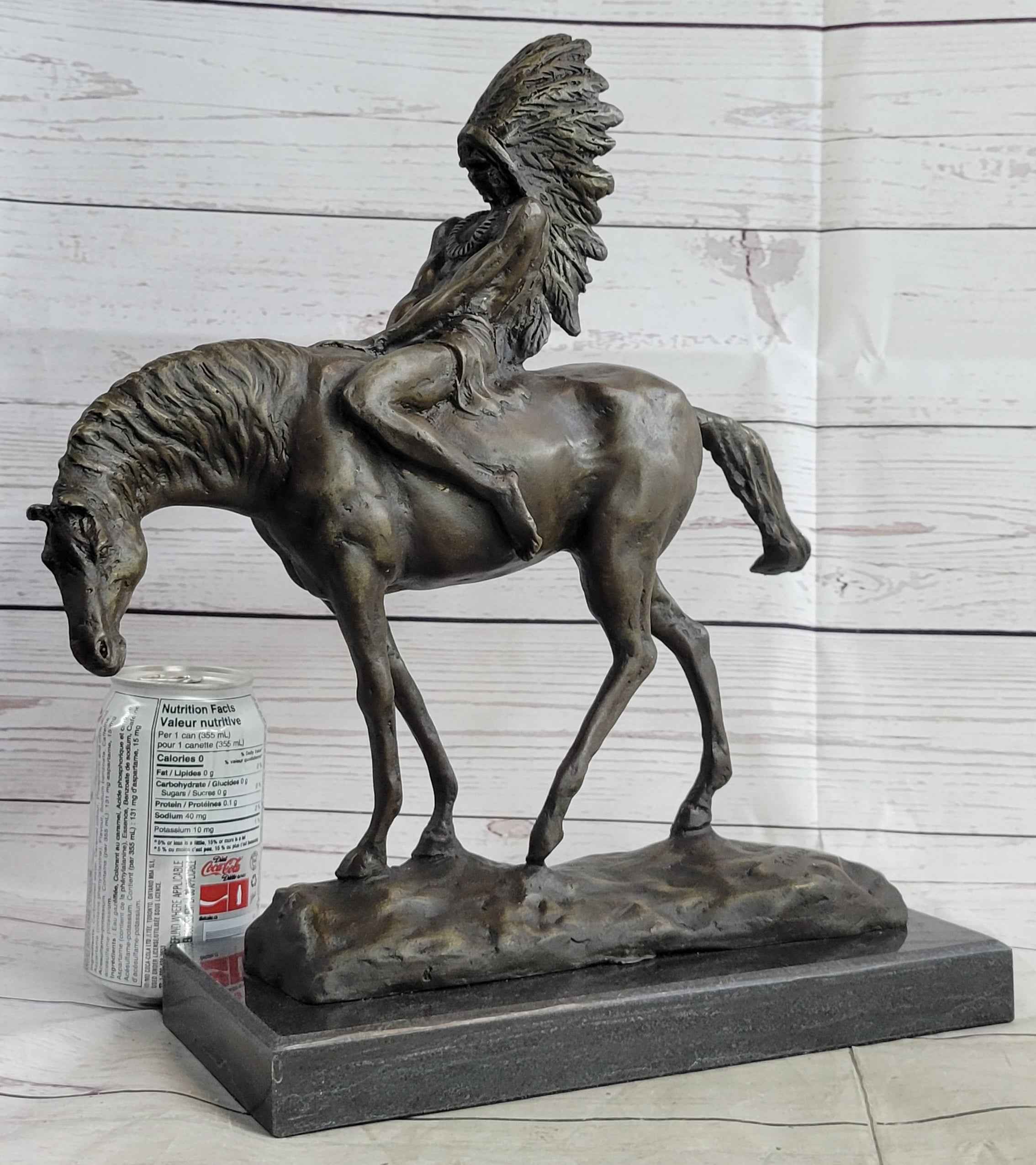 Native American Indian on Horseback Bronze Sculpture Statue Figure on Marble Base