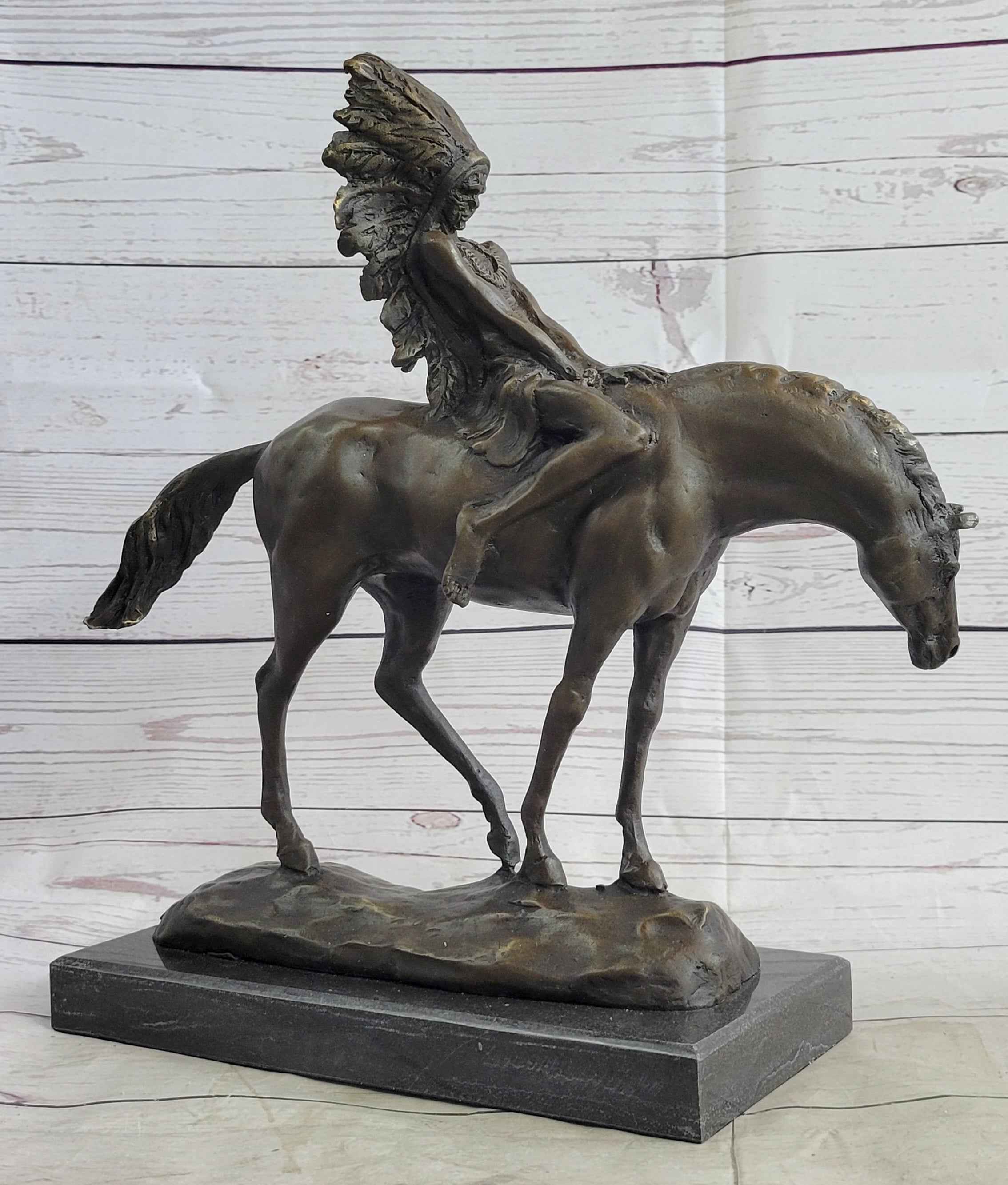 Native American Indian on Horseback Bronze Sculpture Statue Figure on Marble Base