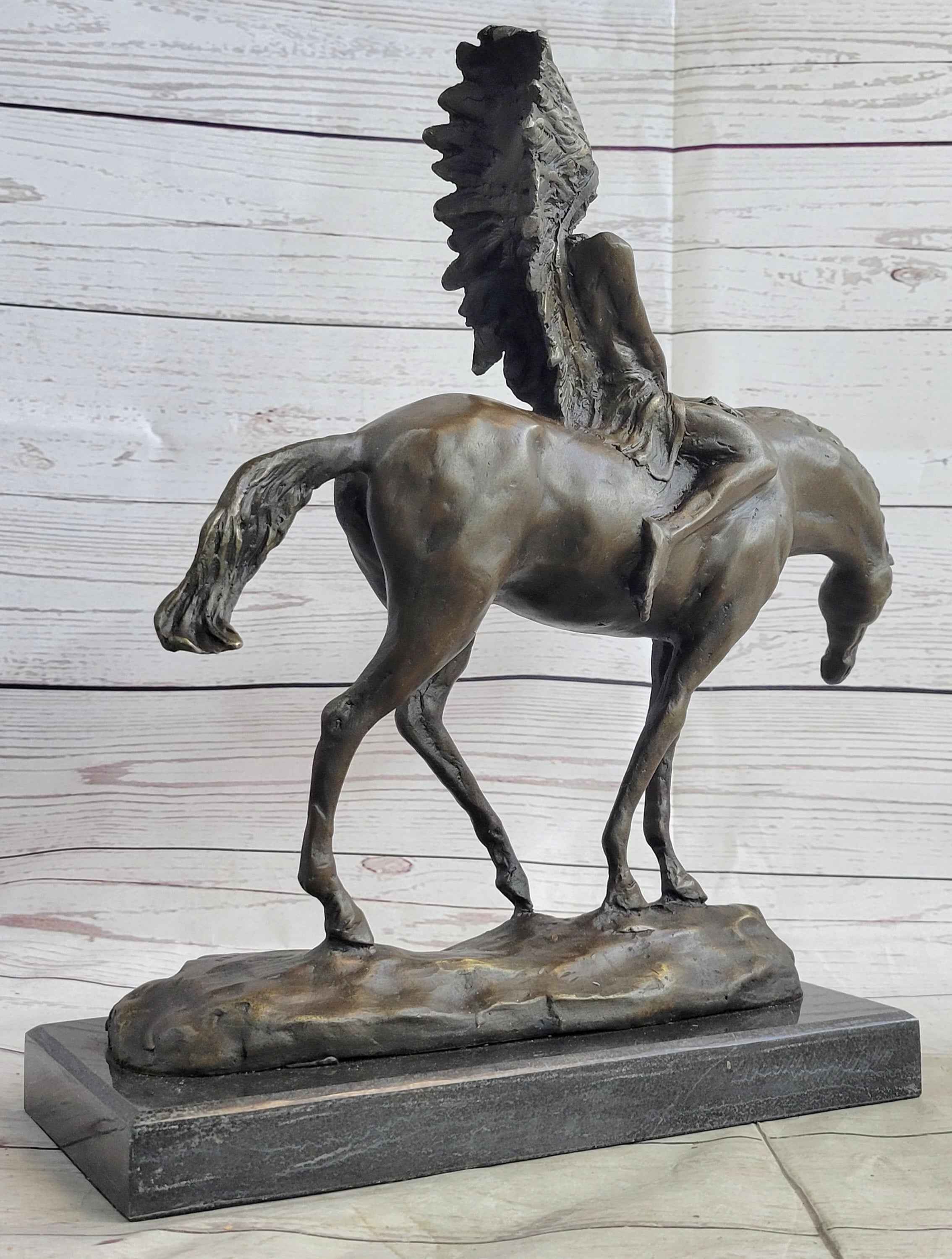 Native American Indian on Horseback Bronze Sculpture Statue Figure on Marble Base