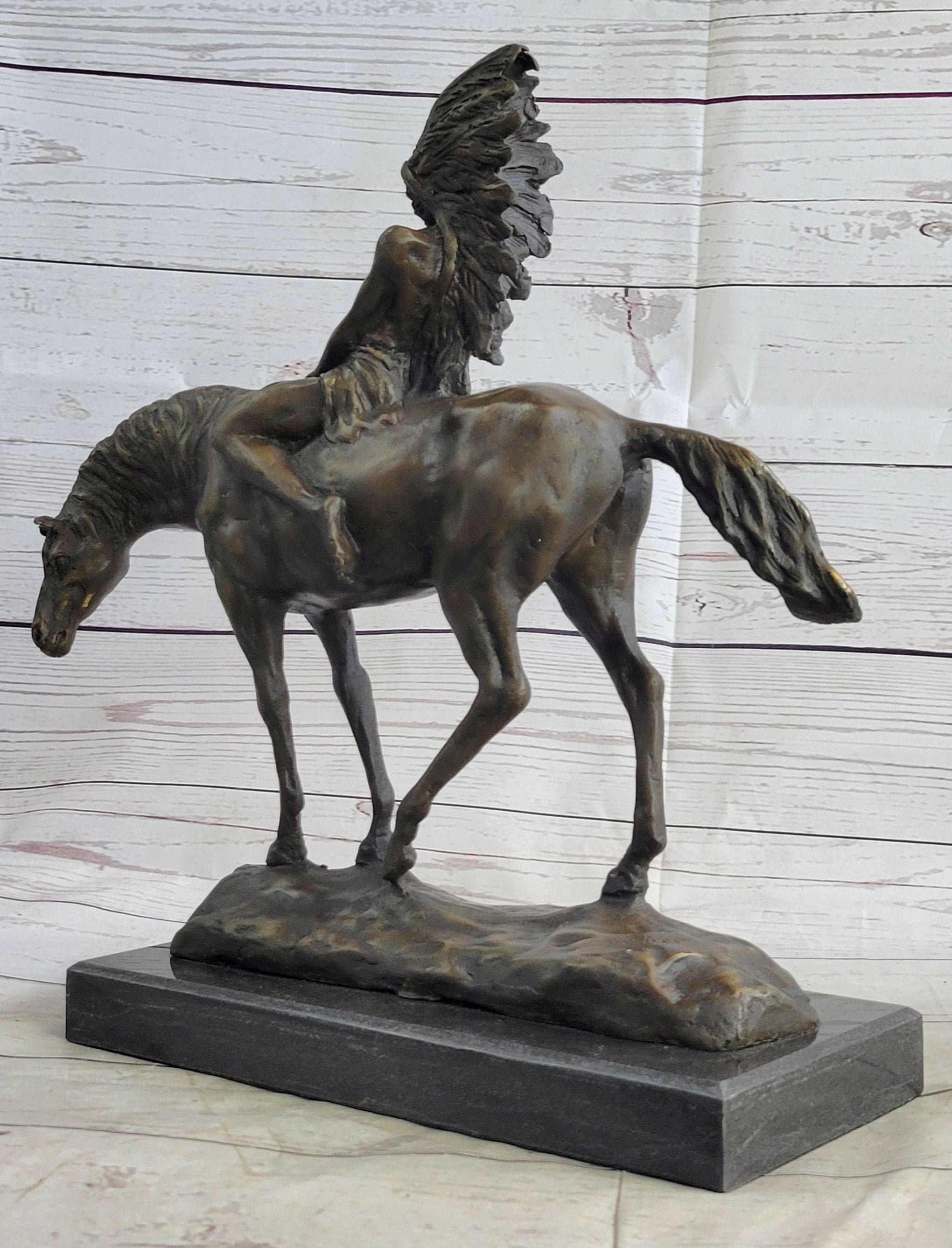 Native American Indian on Horseback Bronze Sculpture Statue Figure on Marble Base