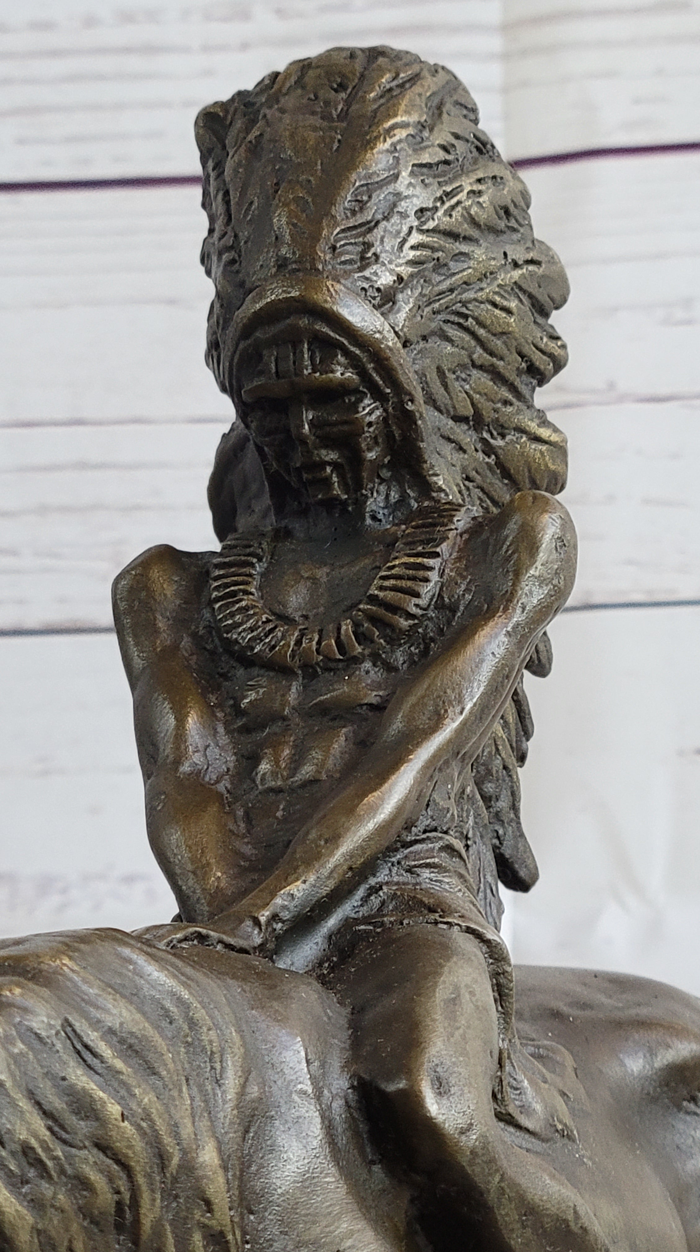 Native American Indian on Horseback Bronze Sculpture Statue Figure on Marble Base