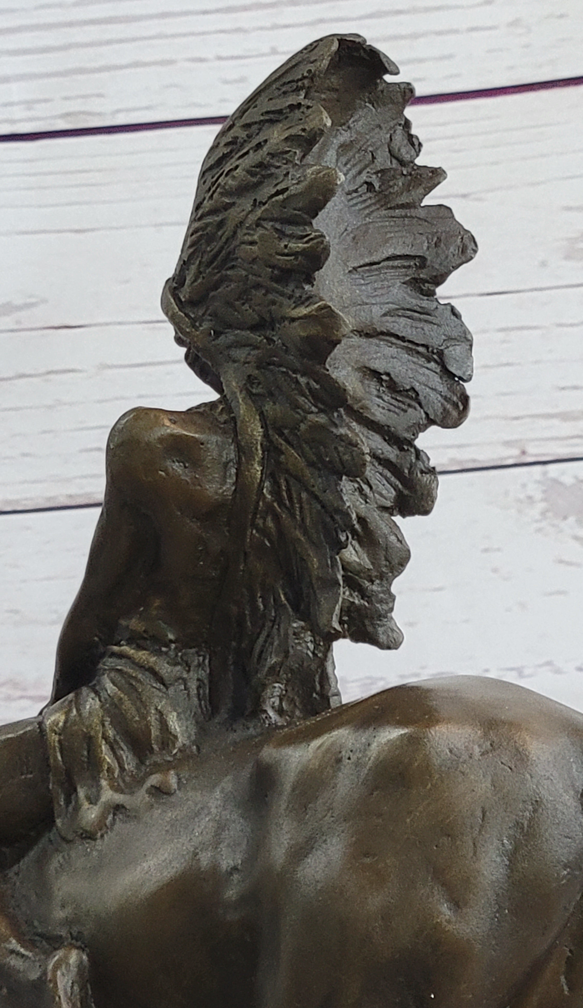 Native American Indian on Horseback Bronze Sculpture Statue Figure on Marble Base