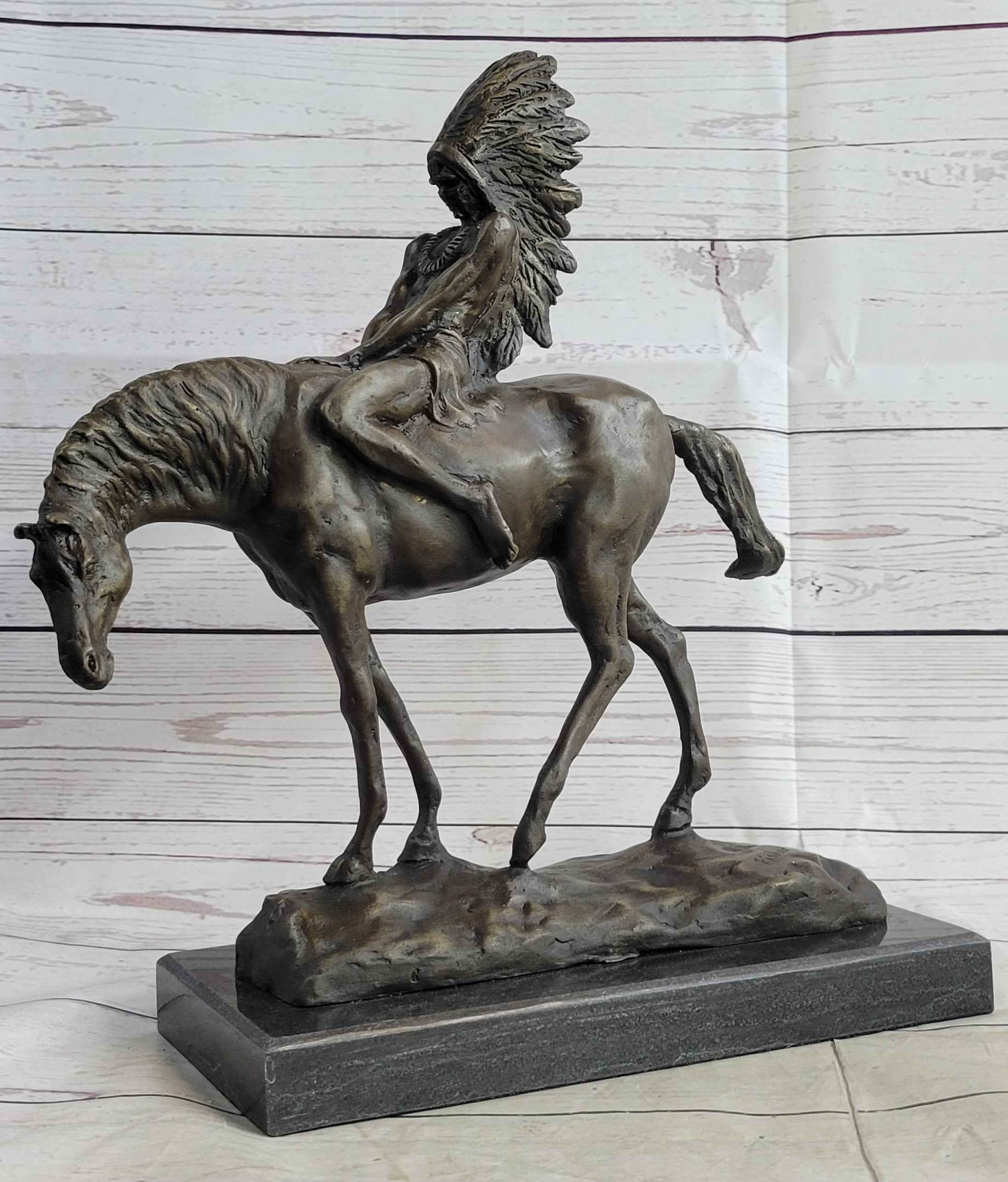 Native American Indian on Horseback Bronze Sculpture Statue Figure on Marble Base