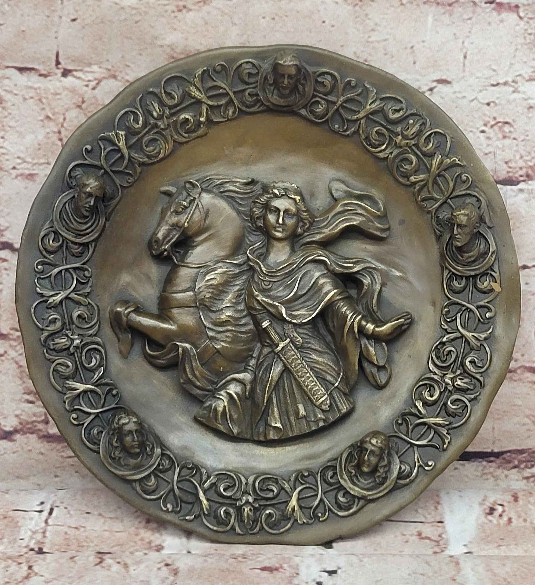 Bronze Saint Joan of Arc Relief Plaque with Horse and Medieval Portraits