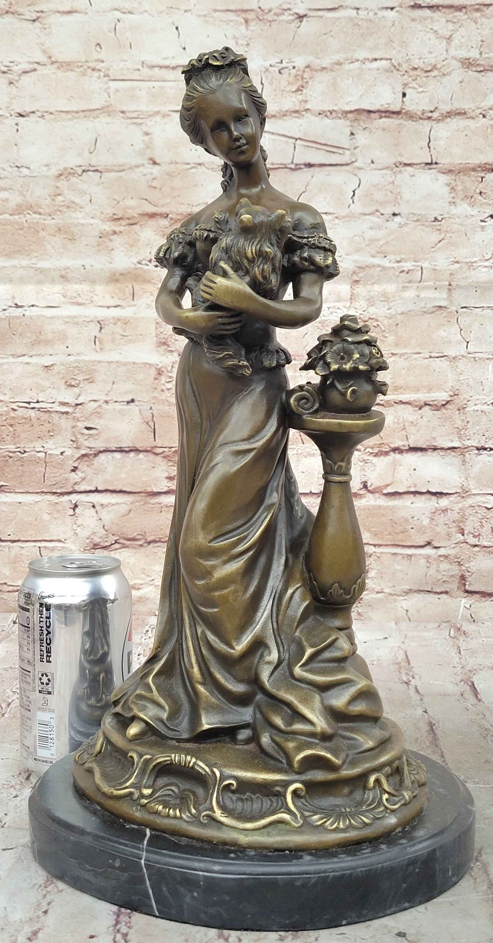Victorian Edwardian Era European Young Woman Holding Puppy Dog - Bronze Sculpture by Milo