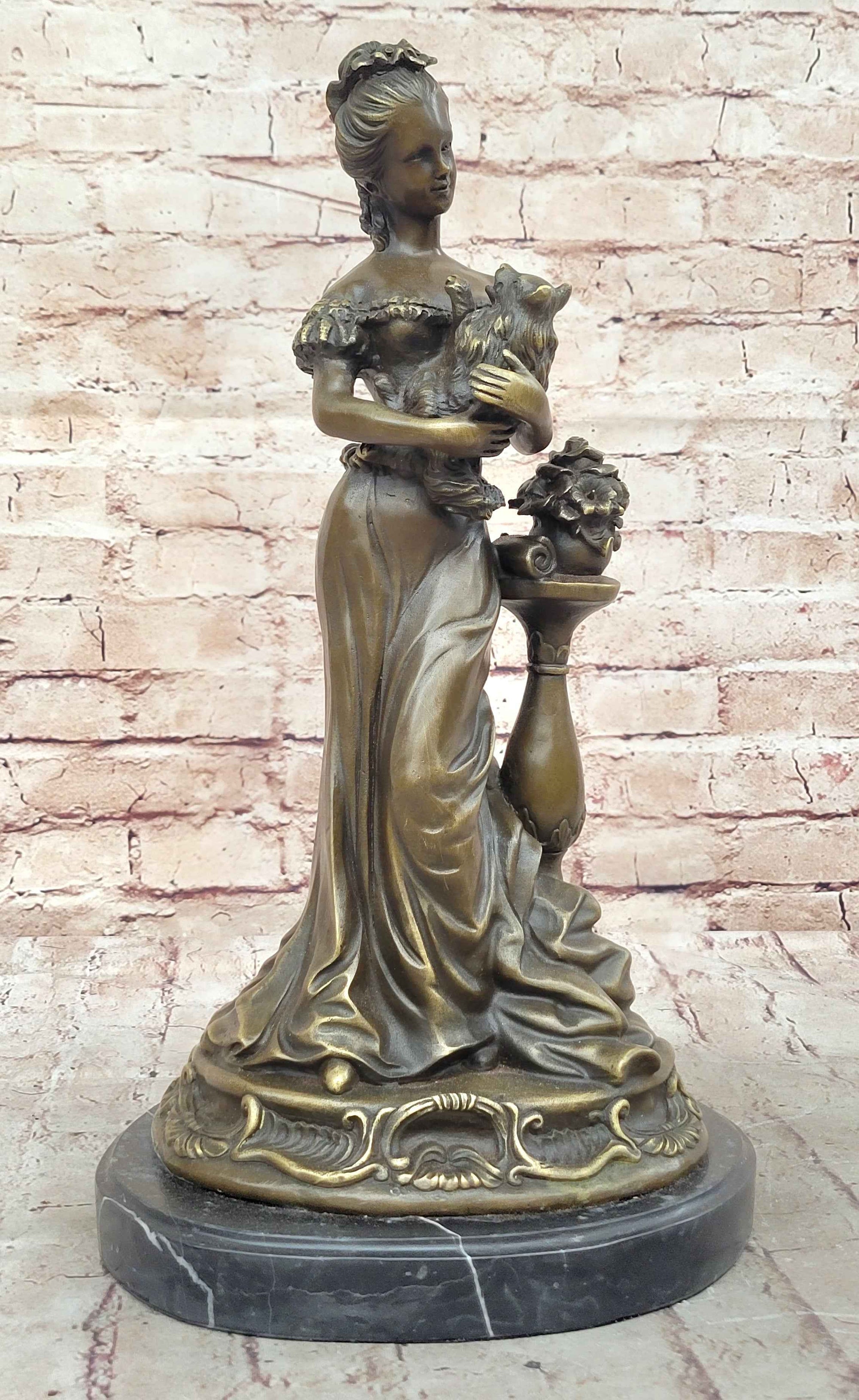 Victorian Edwardian Era European Young Woman Holding Puppy Dog - Bronze Sculpture by Milo
