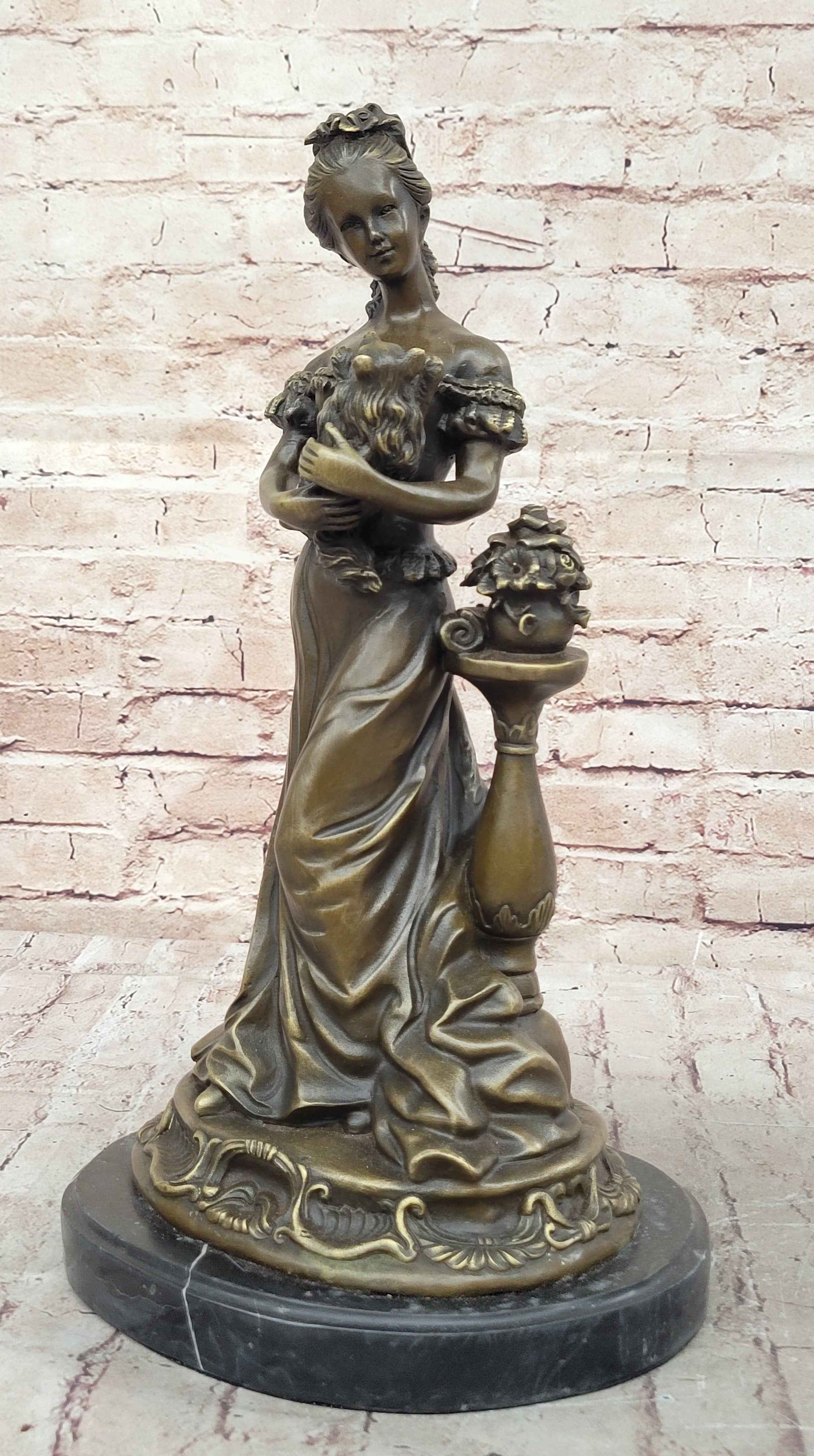 Victorian Edwardian Era European Young Woman Holding Puppy Dog - Bronze Sculpture by Milo