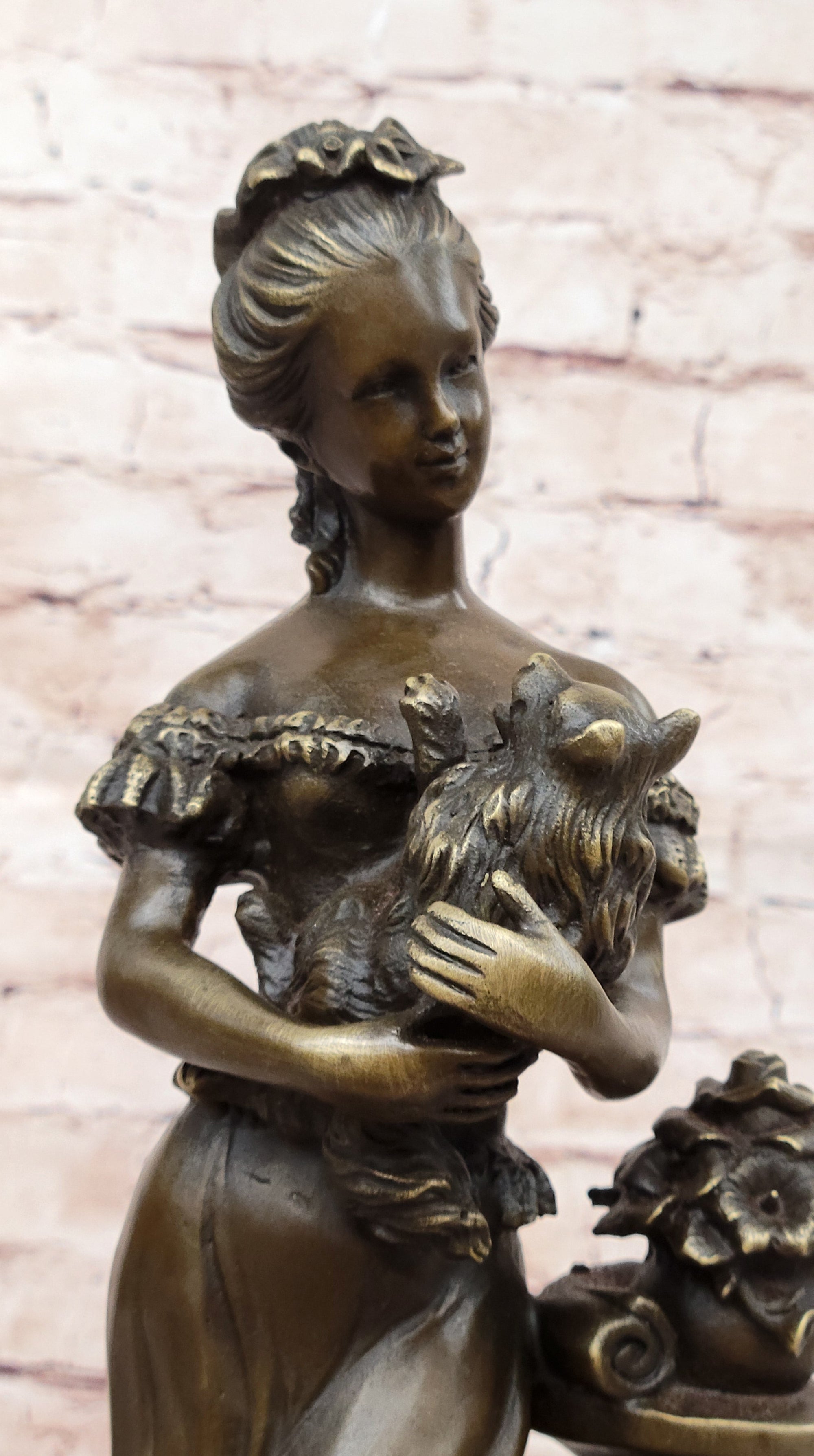 Victorian Edwardian Era European Young Woman Holding Puppy Dog - Bronze Sculpture by Milo