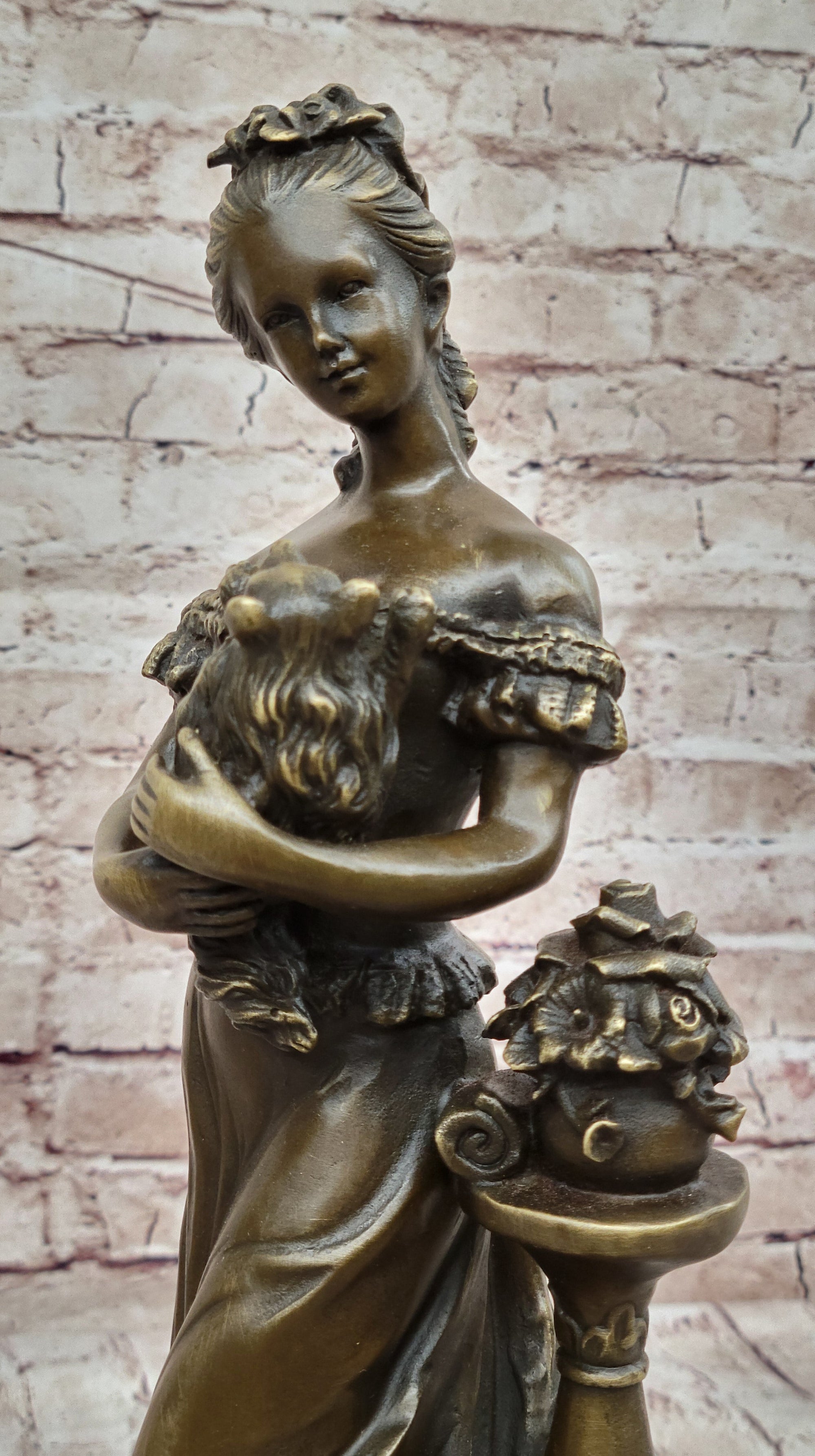 Victorian Edwardian Era European Young Woman Holding Puppy Dog - Bronze Sculpture by Milo
