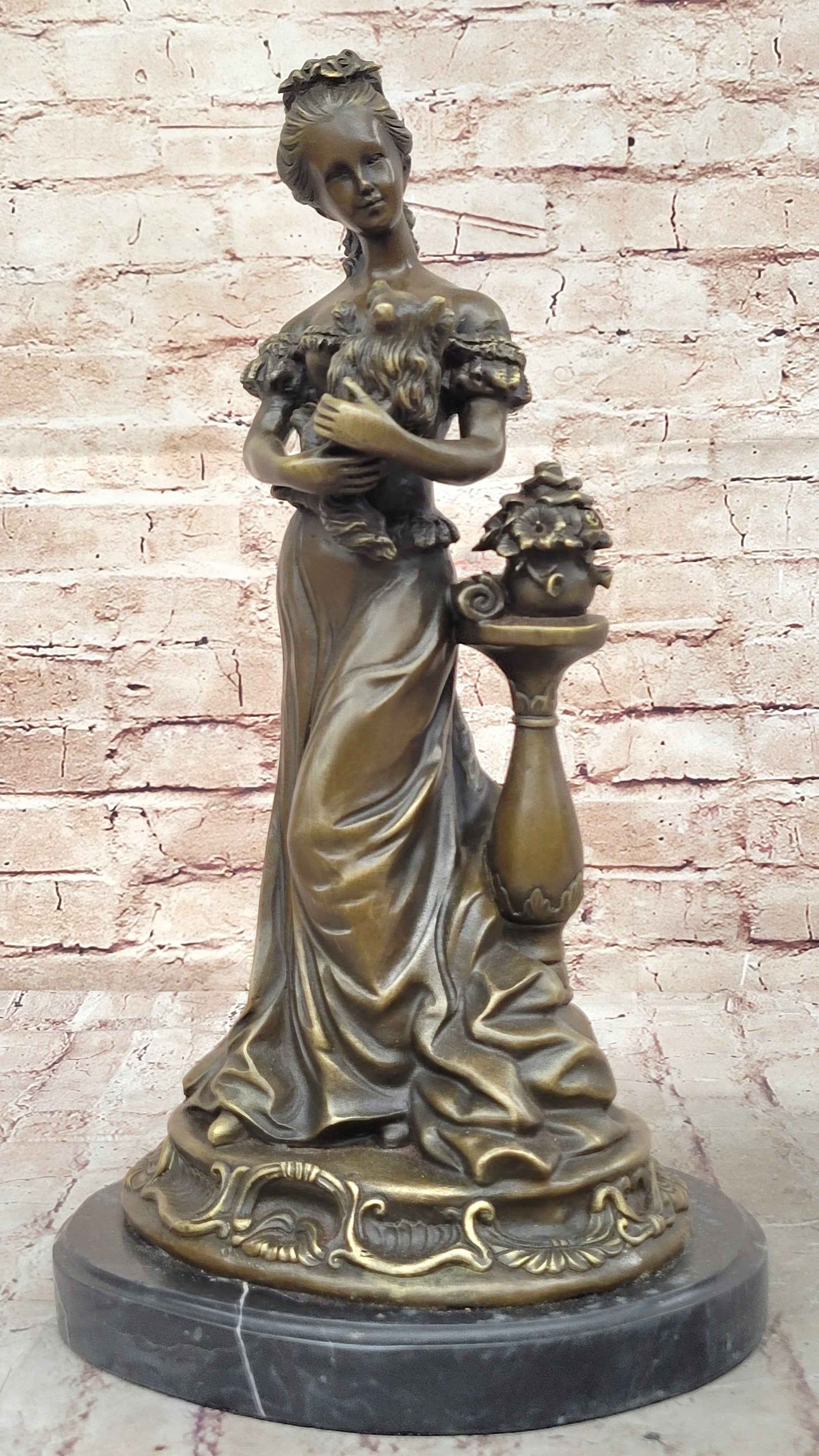 Victorian Edwardian Era European Young Woman Holding Puppy Dog - Bronze Sculpture by Milo