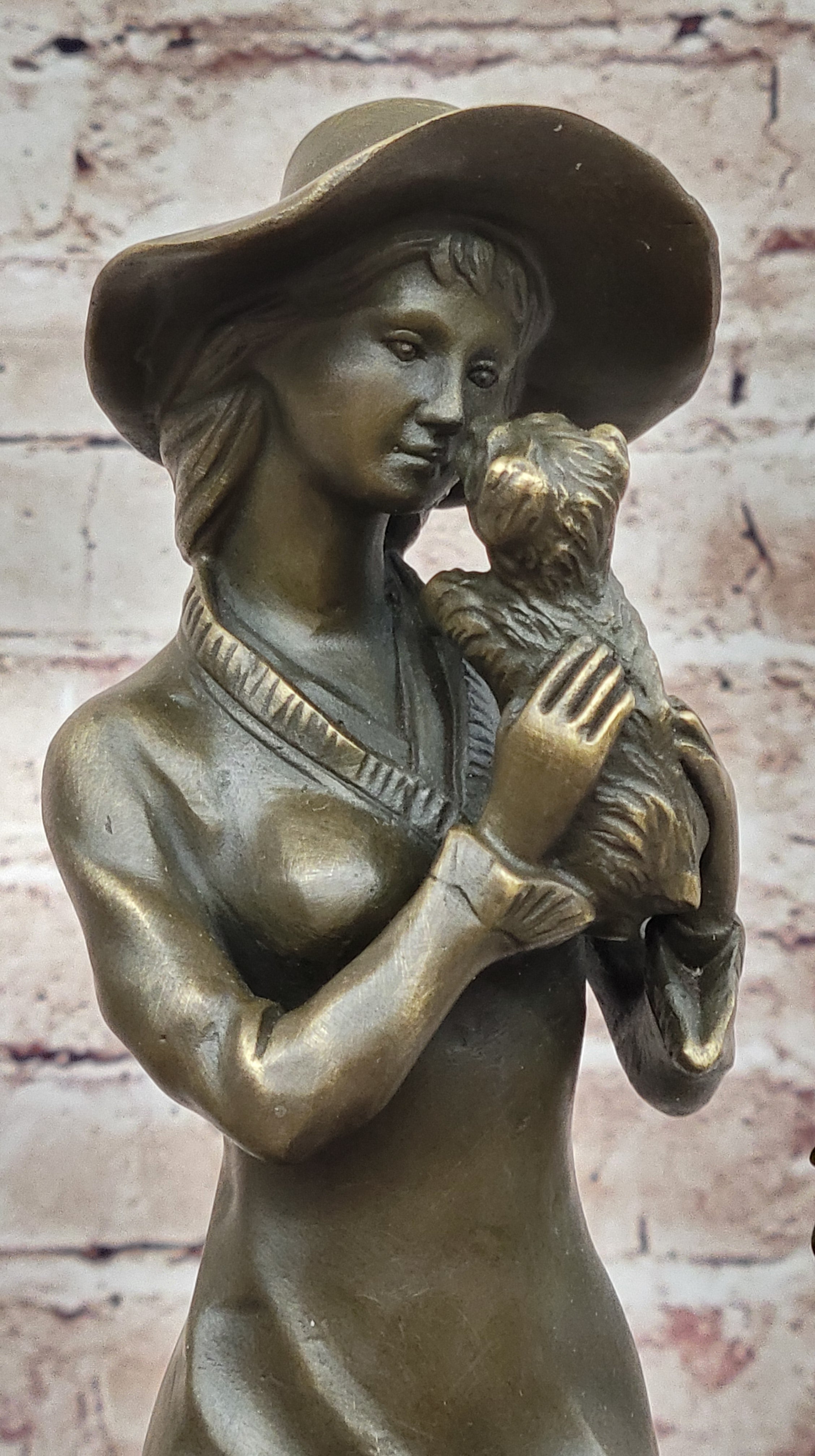 Young Lady Holding a Puppy Dog - Signed Original Bronze Sculpture Figure on Marble Base
