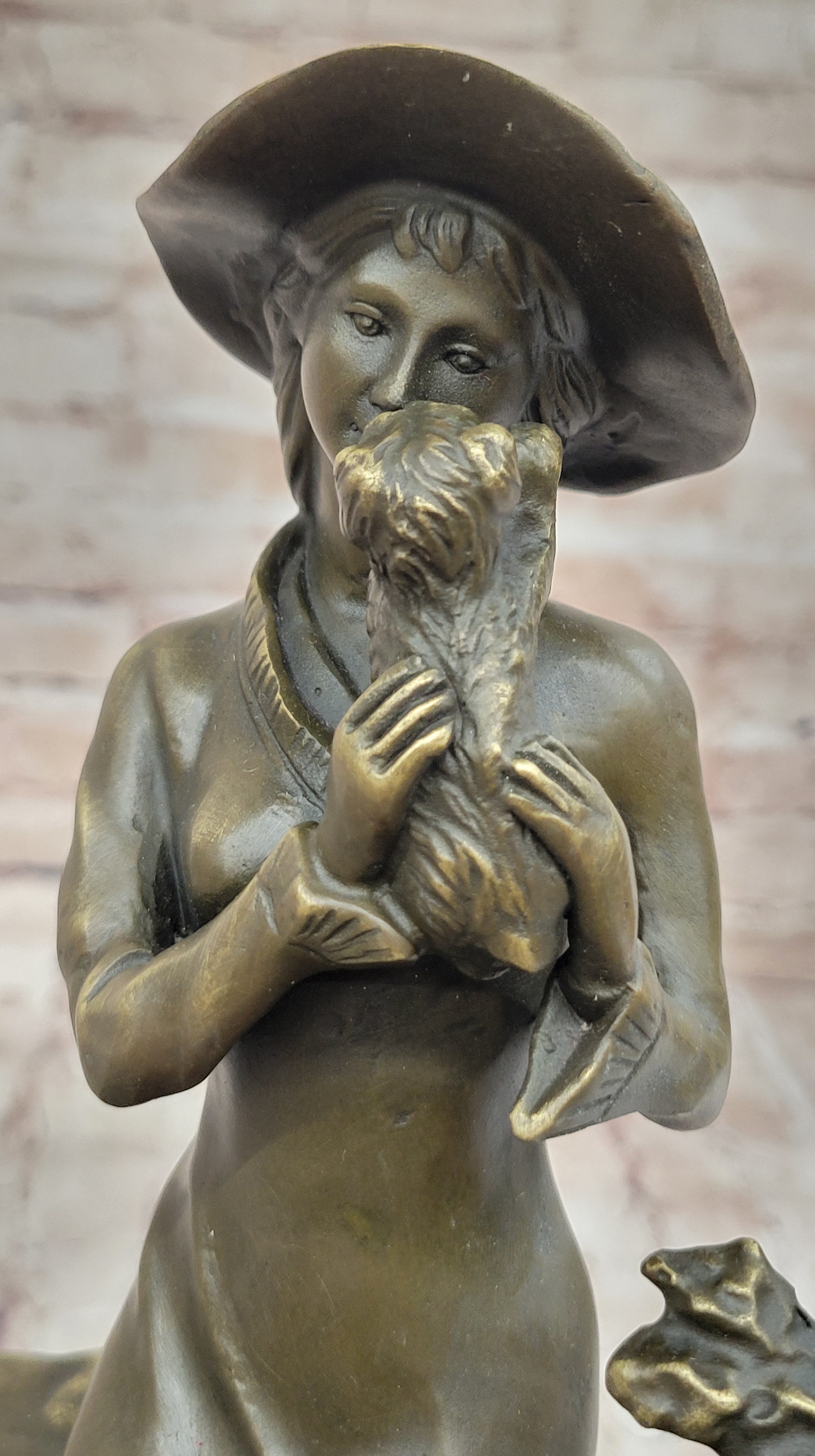 Young Lady Holding a Puppy Dog - Signed Original Bronze Sculpture Figure on Marble Base