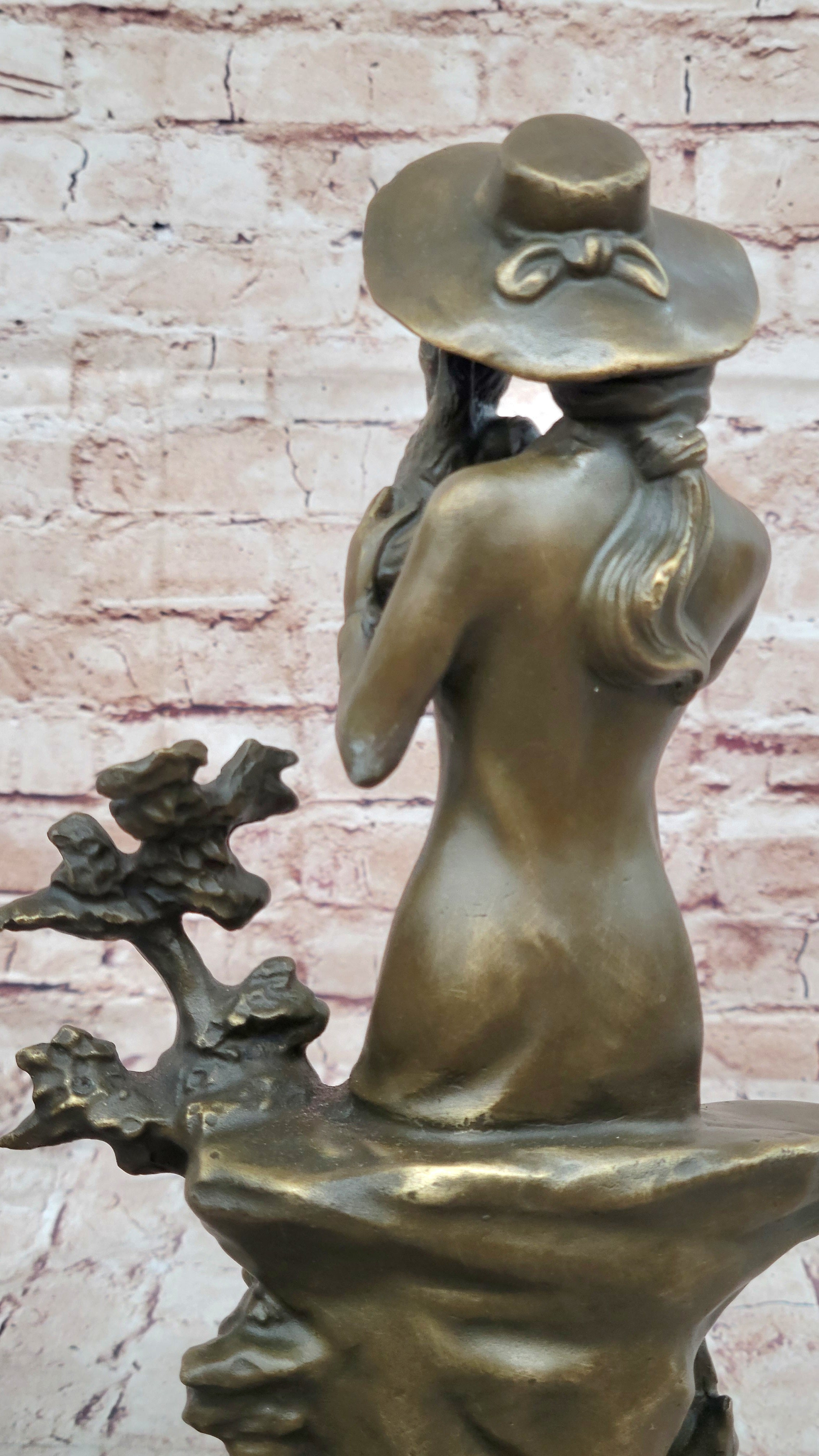 Young Lady Holding a Puppy Dog - Signed Original Bronze Sculpture Figure on Marble Base