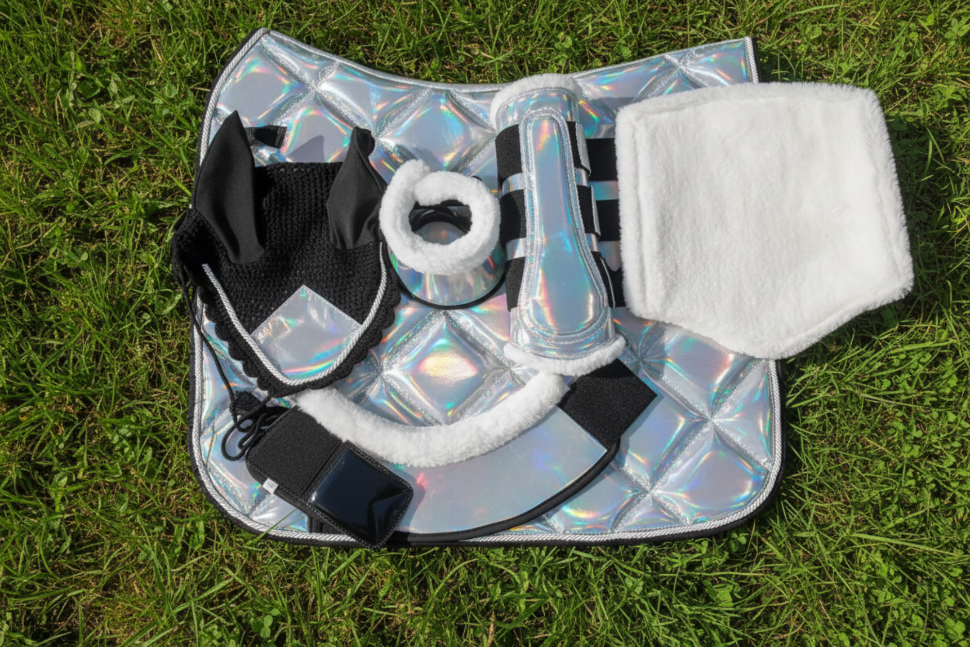 Holographic Dressage Horse Saddle Pad, Ear Bonnet & Horse Boot Set, Breathable, Shock Absorbing Equestrian Gear