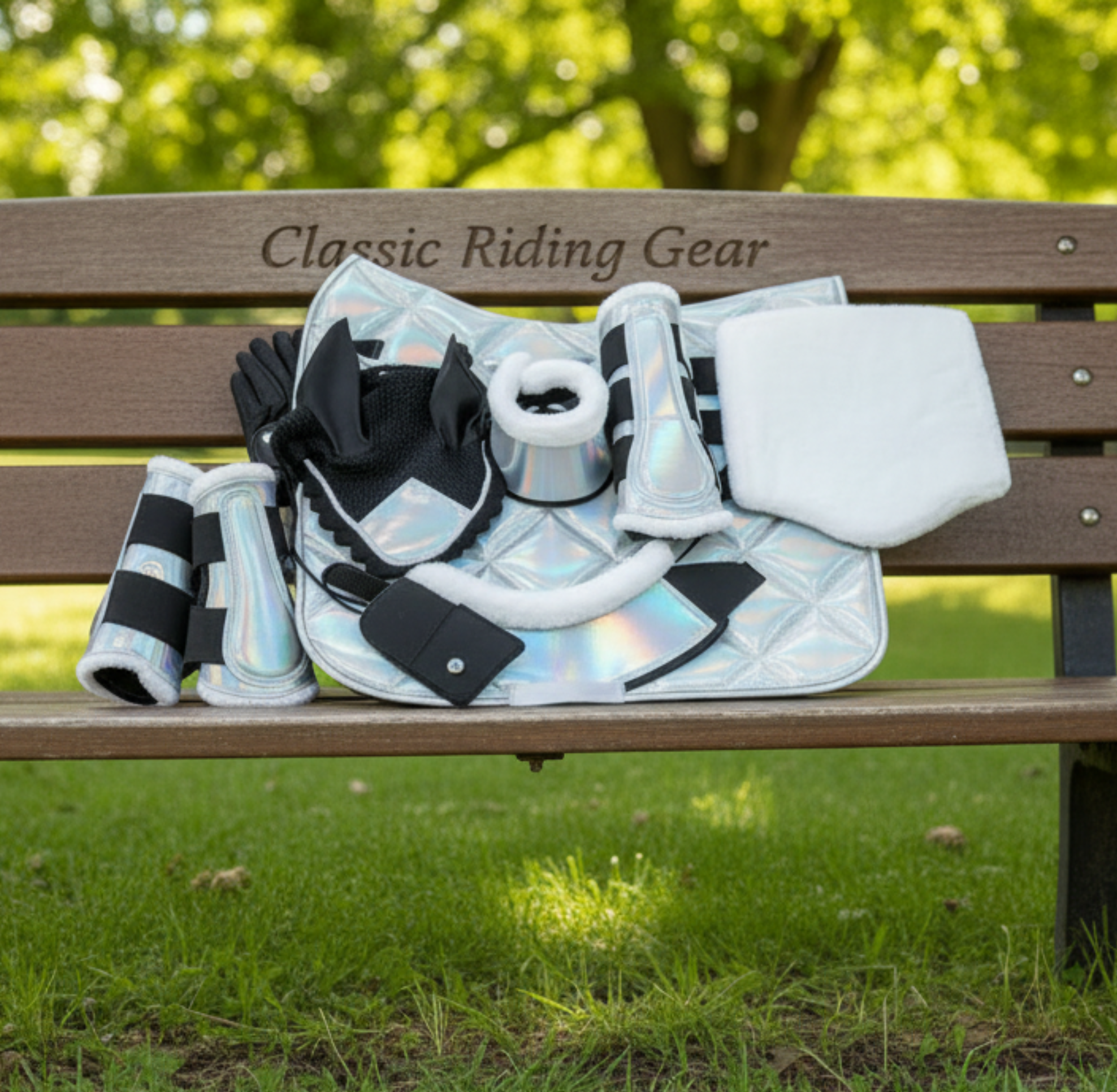 Holographic Dressage Horse Saddle Pad, Ear Bonnet & Horse Boot Set, Breathable, Shock Absorbing Equestrian Gear
