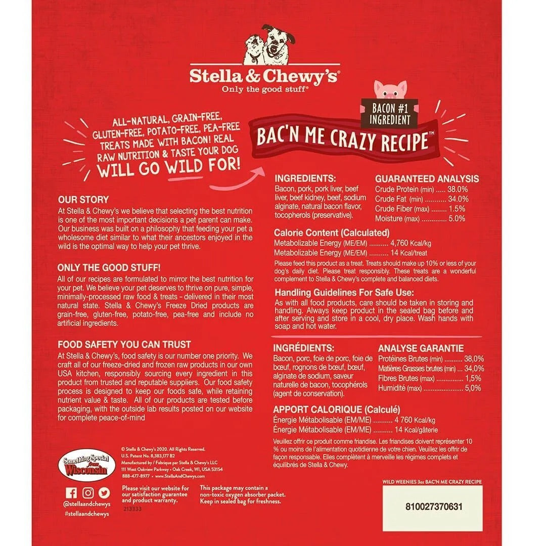 Stella & Chewys Freeze Dried Wild Weenies Bacon Dog Treats (3oz) - HT Animal Supply