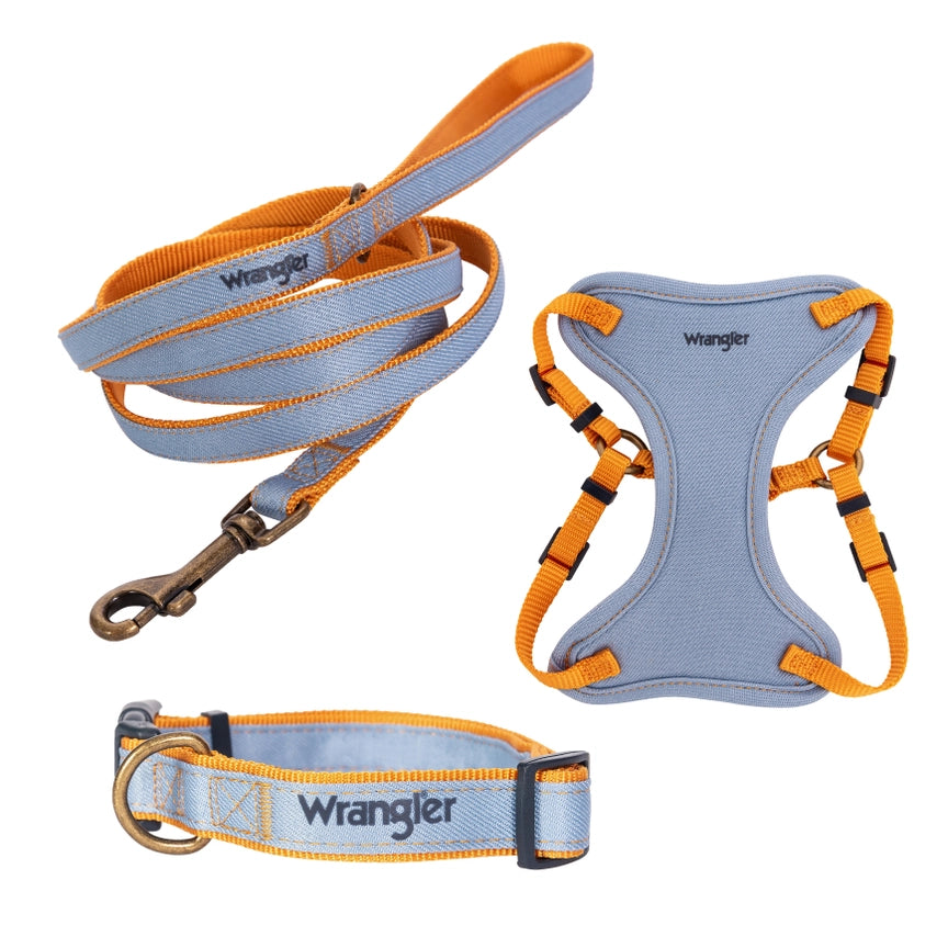 Wrangler® Light Wash Denim Harness, Collar & Lead Set