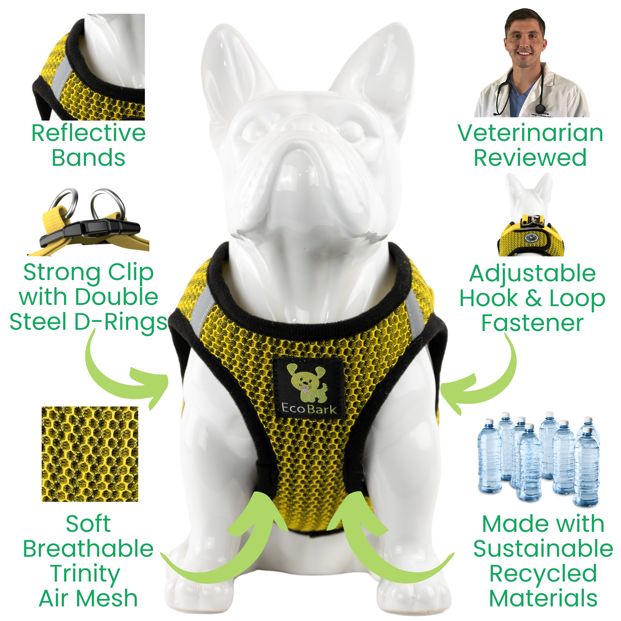 EcoBark Step In Dog Harness - Teacup & Small Breeds- Reflective Soft Mesh Harness for Teacup, Small Dogs and Puppies / Yellow Sport