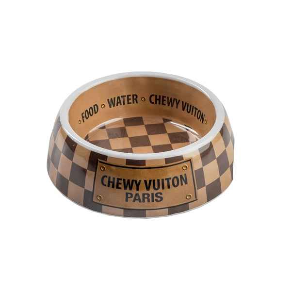Haute Diggity Dog Tan Checker Chewy Vuiton Dog Bowl