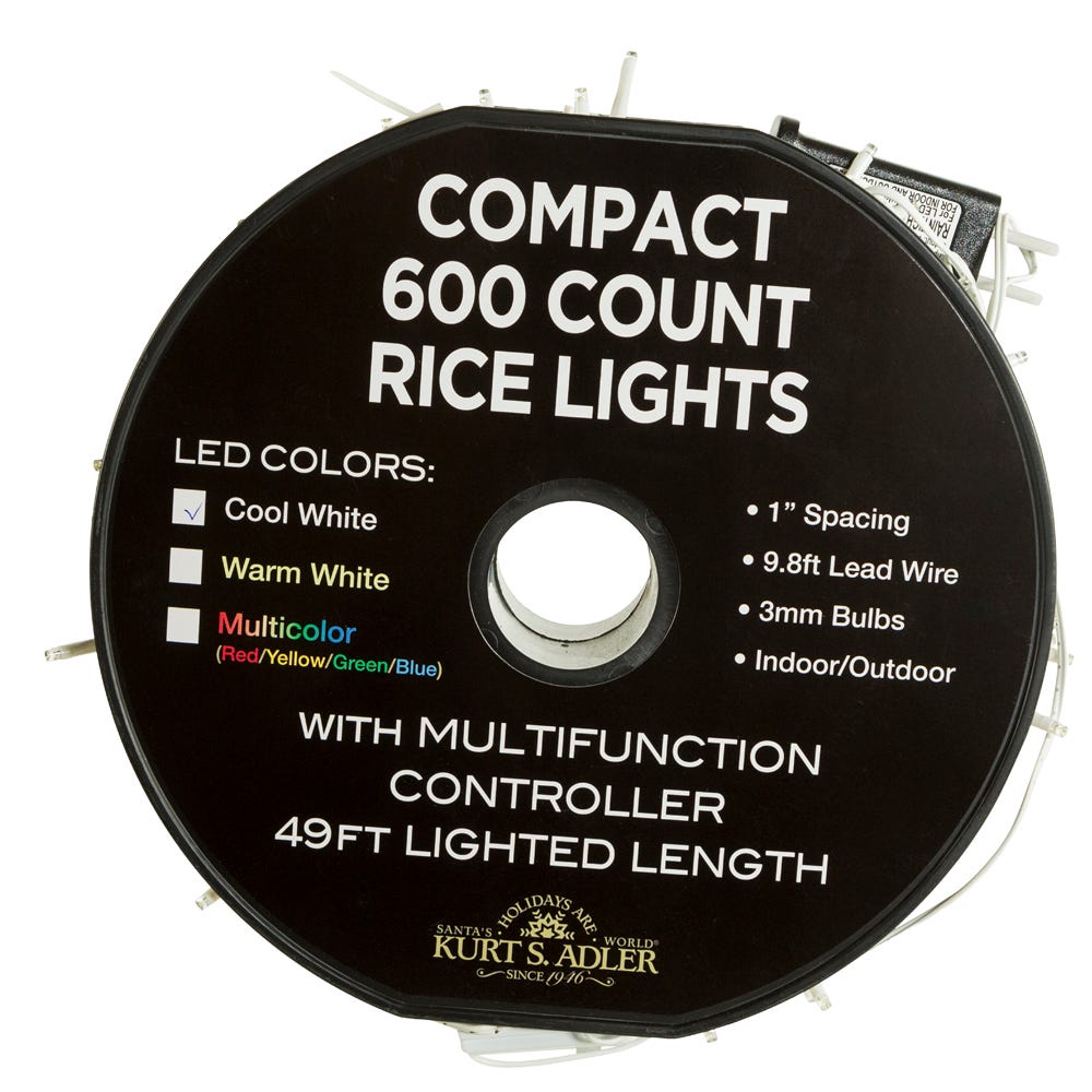 Kurt Adler 600-Light 49.2-Foot Cool White LED White Wire Rice Light Set