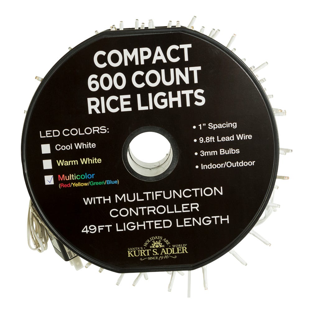Kurt Adler 600-Light 49.2-Foot Multicolored LED White Wire Rice Light Set