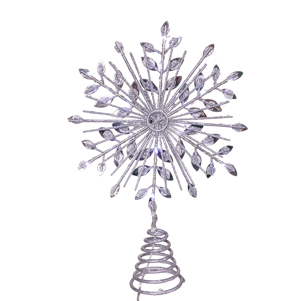 Kurt Adler 11.75. Inch 18-Light cool White Micro LED Silver Glittered Snowflake Treetopper