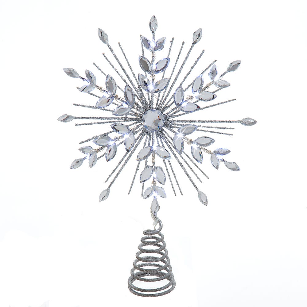 Kurt Adler 11.75. Inch 18-Light cool White Micro LED Silver Glittered Snowflake Treetopper