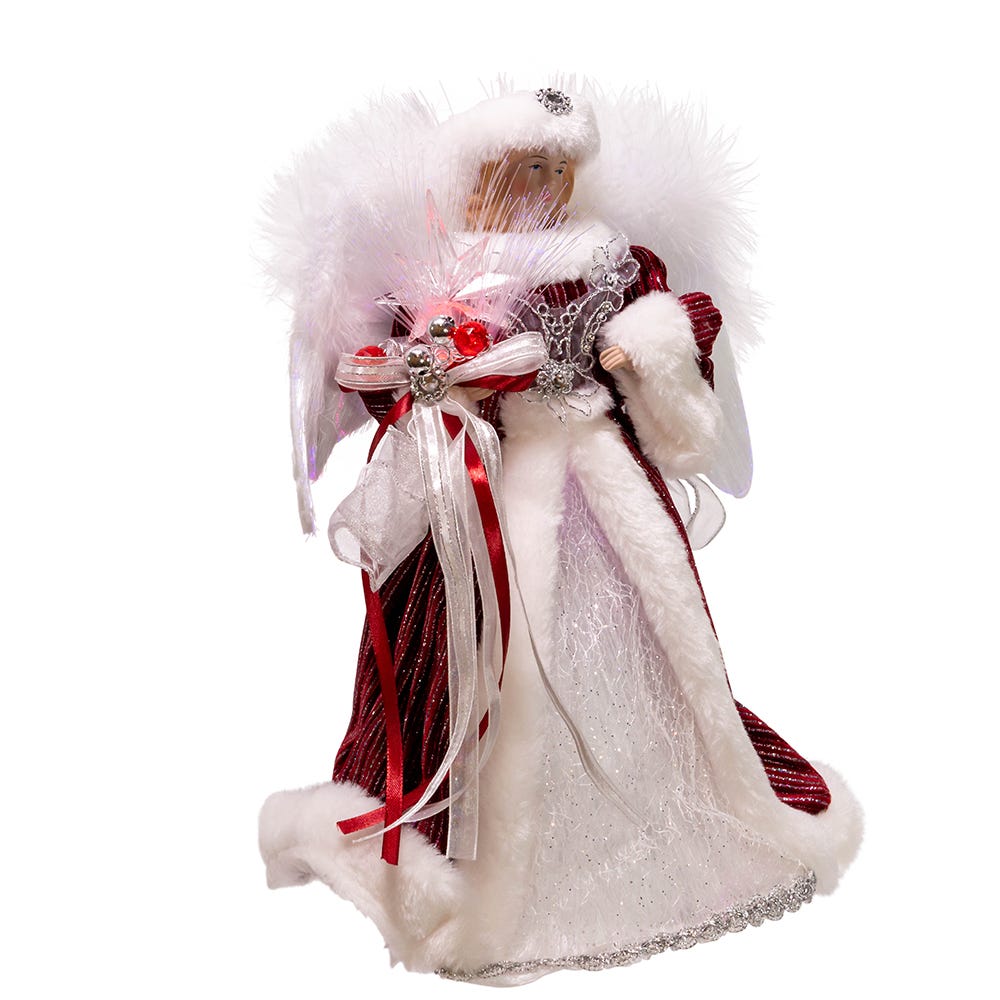 Kurt Adler 12-Inch White, Silver and Burgundy Angel Tree Topper with Fiberoptic LED Lights