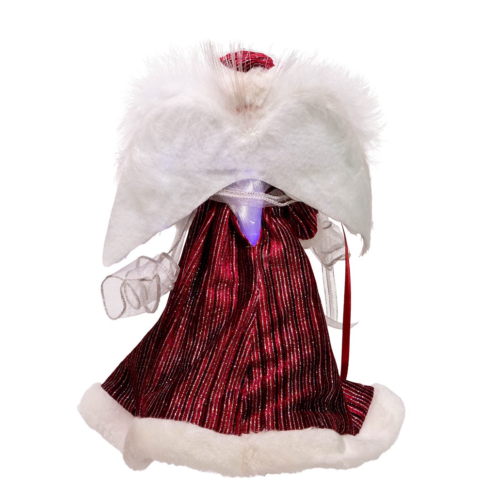 Kurt Adler 12-Inch White, Silver and Burgundy Angel Tree Topper with Fiberoptic LED Lights