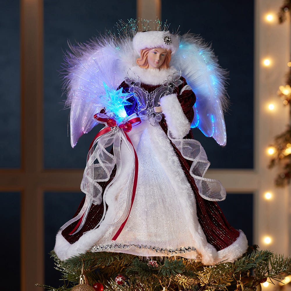 Kurt Adler 12-Inch White, Silver and Burgundy Angel Tree Topper with Fiberoptic LED Lights