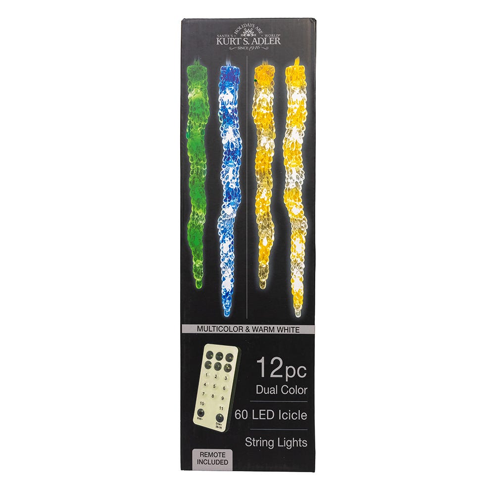 Kurt Adler UL 60-Light Dual Color Multicolor/Warm White LED 12-Piece Icicle String Light Set