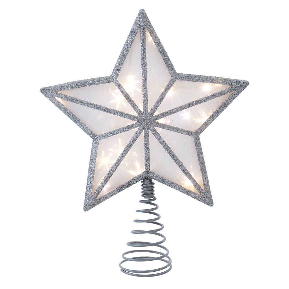 Kurt Adler enchanting 11.5-Inch UL 20-Light Warm White Fairy LED Silver Glitter 5-Point Star Tree Topper