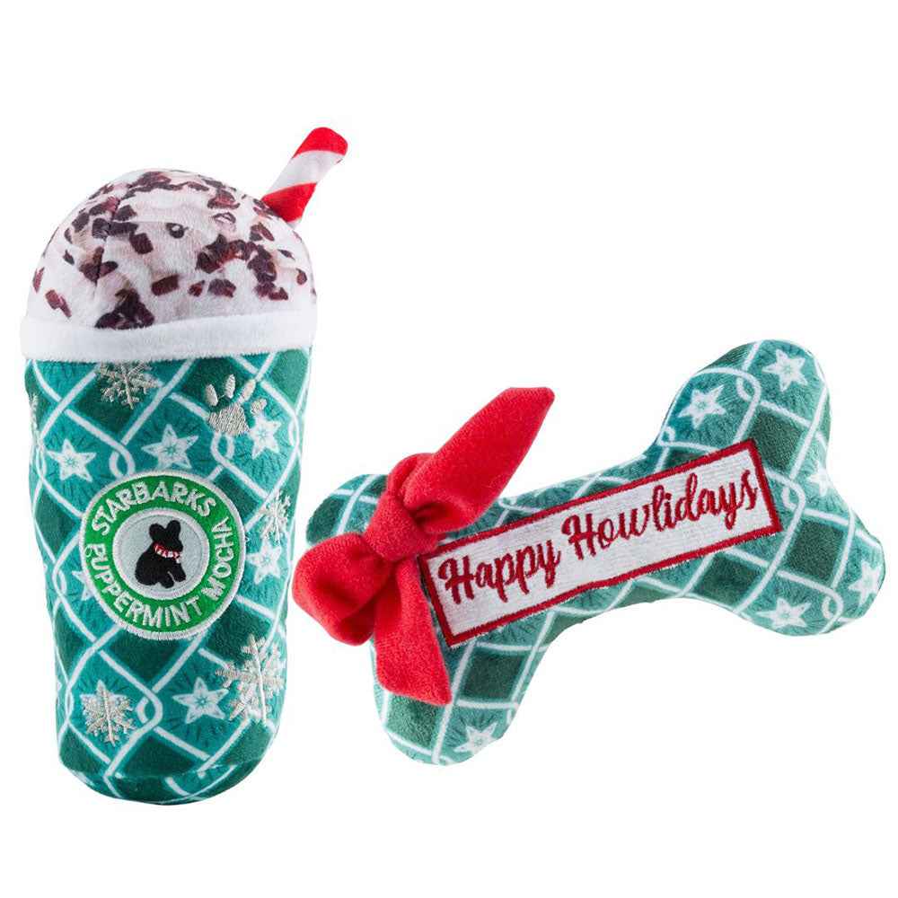 Haute Diggity Dog Starbarks Puppermint Mocha Green Stars Cup & Bone Plush Dog Toy