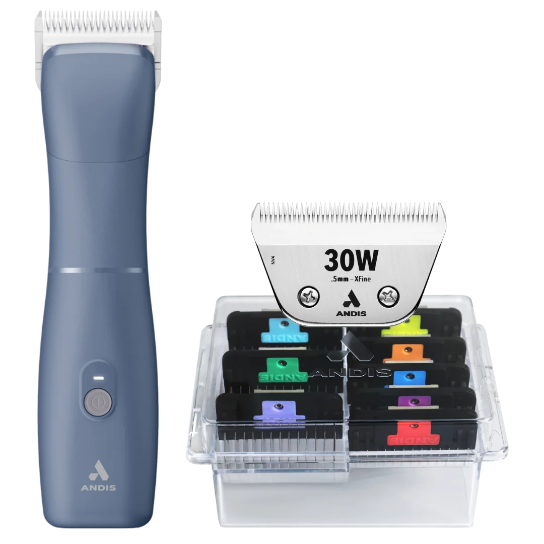 Andis Dog Emerge Clipper Blue with #30W Blade and 8Pc Wide Comb Attachment Bundle