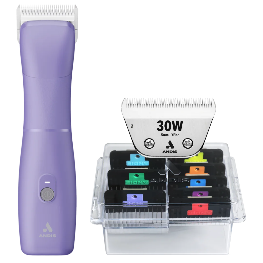 Andis Dog Emerge Clipper Purple with #30W Blade and 8Pc Wide Comb Attachment Bundle